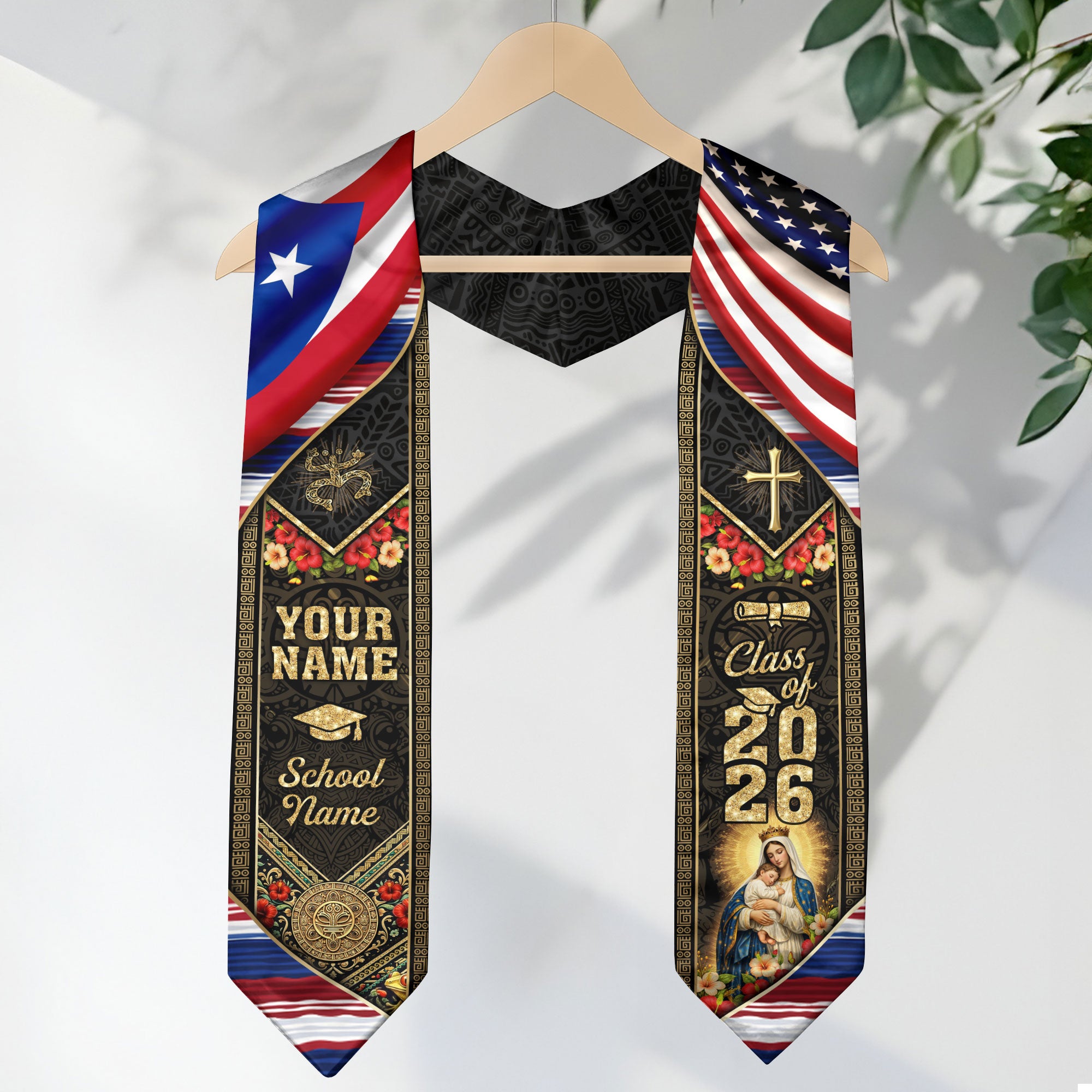 Custom Graduation Stole Class of 2026 Puerto Rico Virgin Mary Coqui Frog Personalized Name Sash
