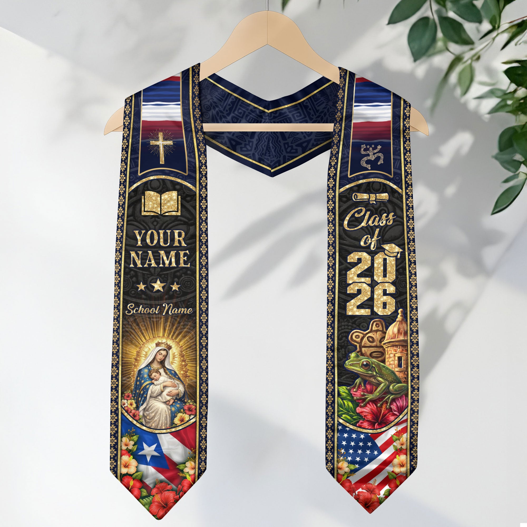 Custom Puerto Rico Graduation Stole Class of 2026 Virgin Mary Cross Floral Coqui Frog Sash