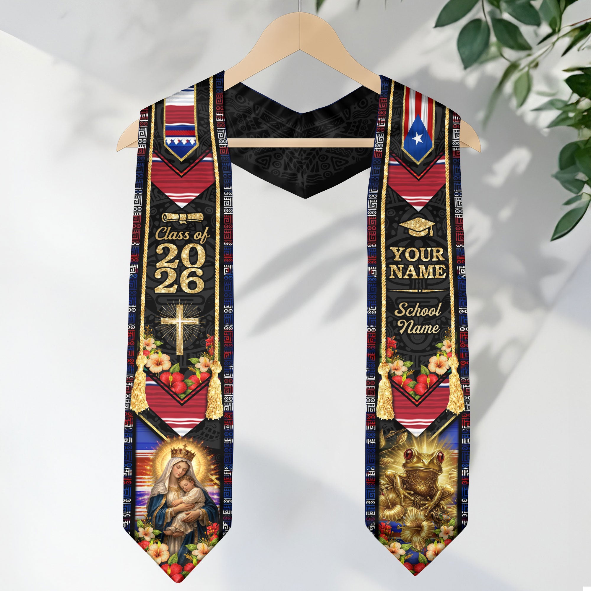 Custom Graduation Stole Class of 2026 Puerto Rico USA Virgin Mary Coqui Frog Personalized Name Sash