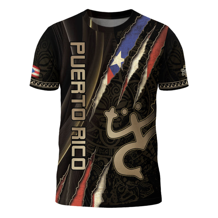 Puerto Rico Shirt with Boricua Taino Tribal, Coqui Frog Black Gold Scratch National Pride, All Over Print Tee with Bold 3D T-Shirt Style, Northryn Co.