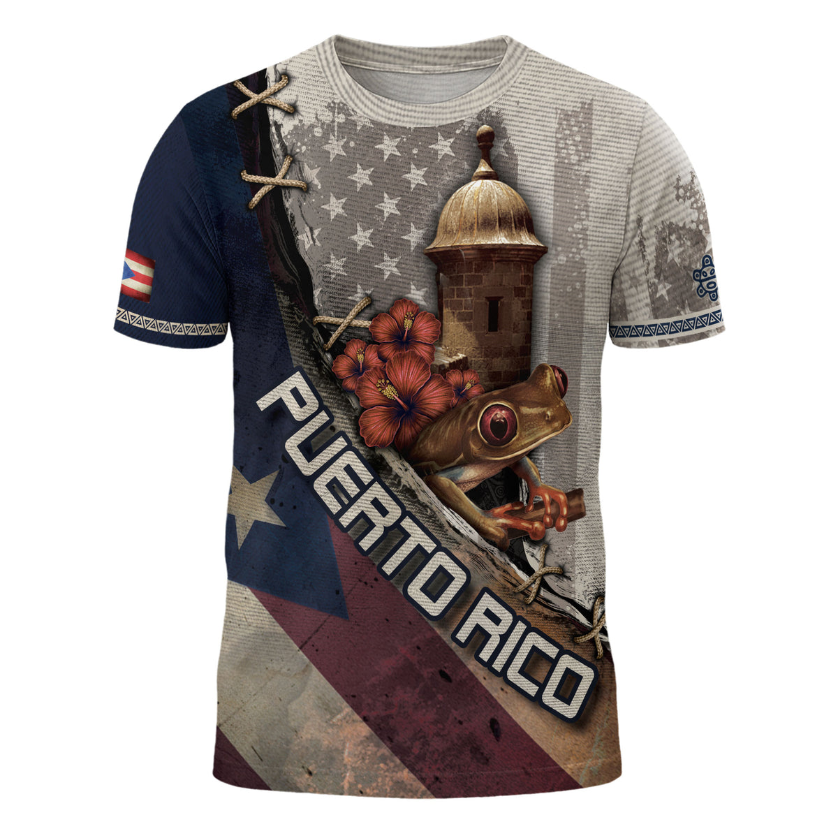 Puerto Rico Boricua El Morro Coqui Frog Grey Navy Torn Flag National Heritage Shirt