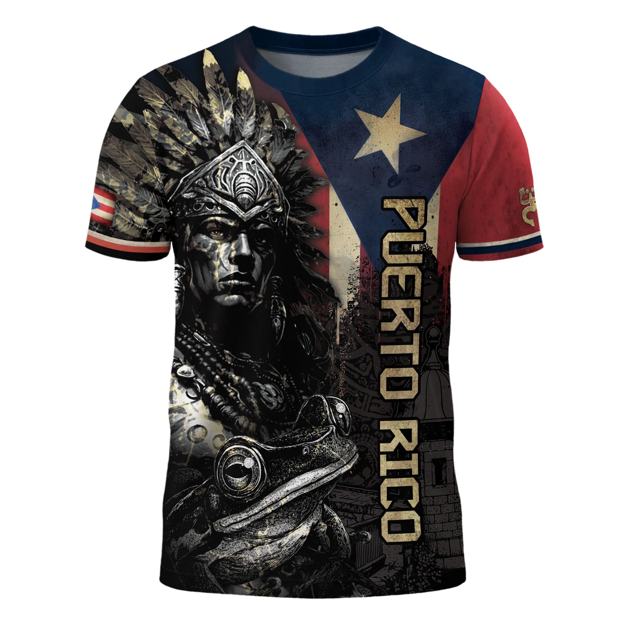 Puerto Rico Boricua Taino Warrior Coqui Frog Black Navy Red Gold National Heritage Shirt
