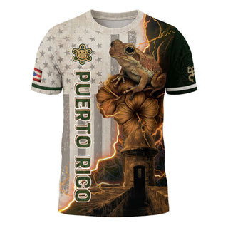 Puerto Rico Shirt with Boricua Coqui Frog, El Morro Lightning Beige Brown Green National, Bold 3D T-Shirt with All Over Print Tee Appeal, Northryn Co.
