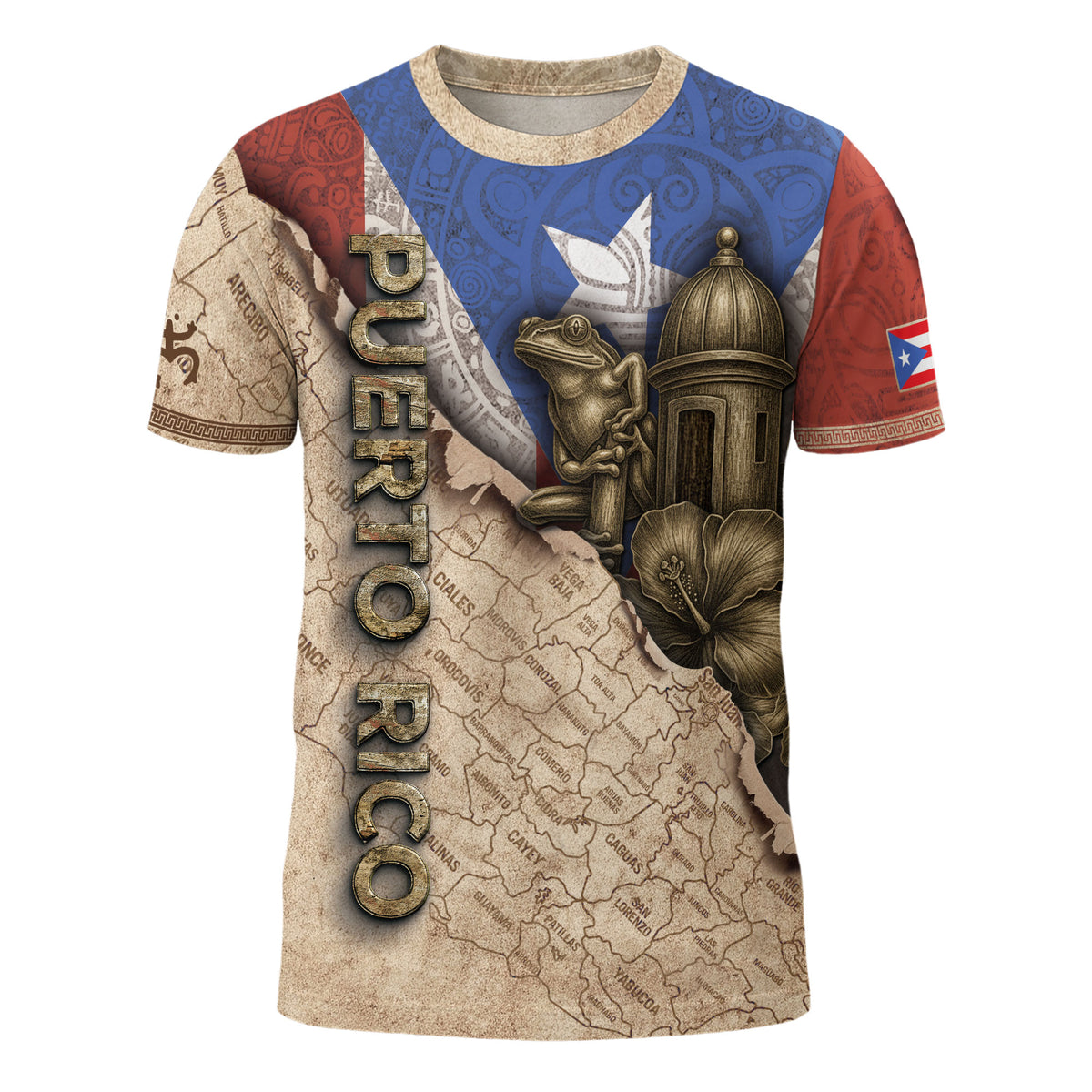 Puerto Rico Map Coqui Frog Hibiscus Garita Heritage Pride Boricua Spirit Shirt