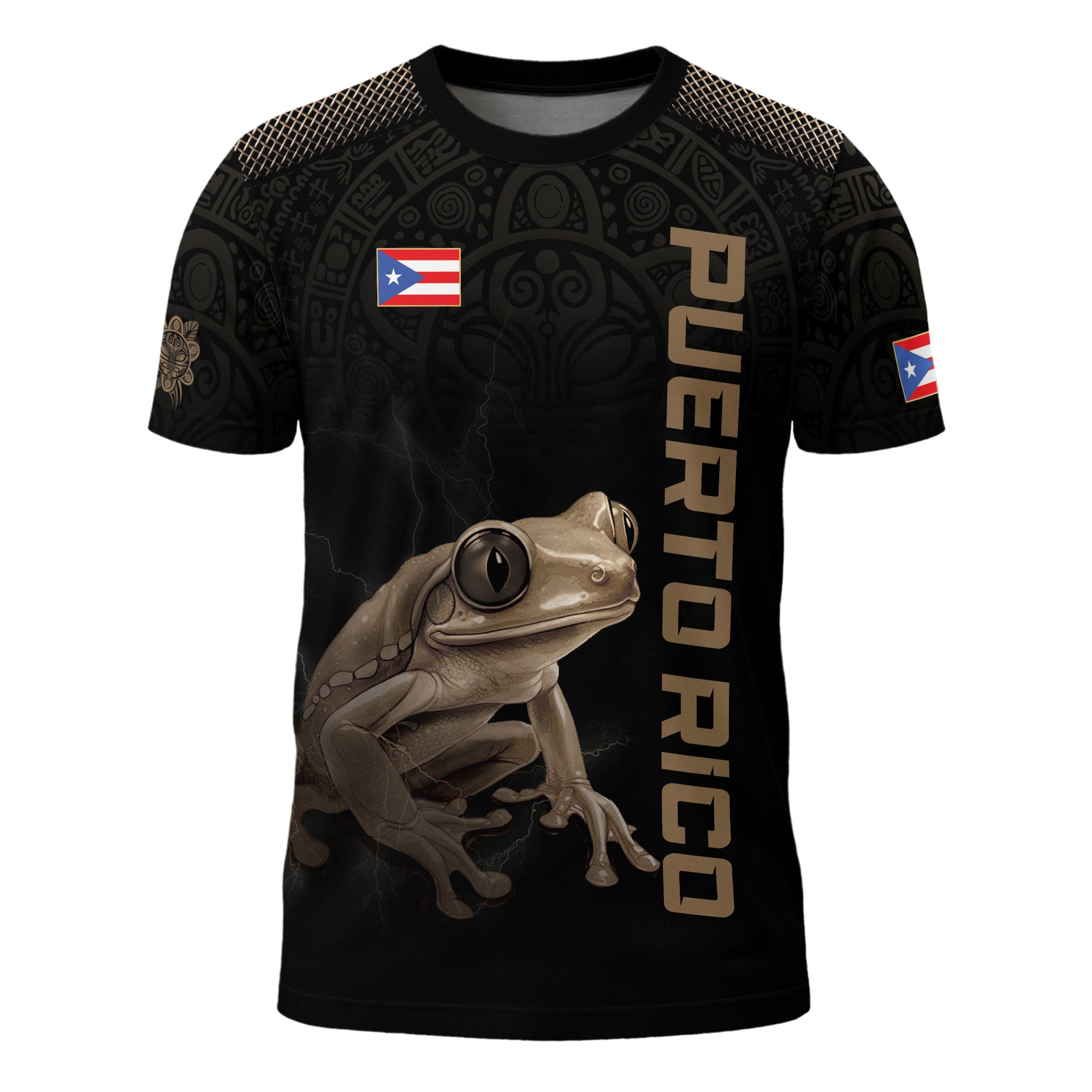 Puerto Rico Coqui Frog Taino Heritage Pride Boricua Tribal Camisa Dorada Negra