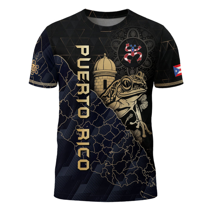 Puerto Rico Shirt with Coqui El Morro, Taino Sun Heritage Pride Boricua Warrior Spirit, Bold 3D T-Shirt with All Over Print Tee Appeal, Northryn Co.