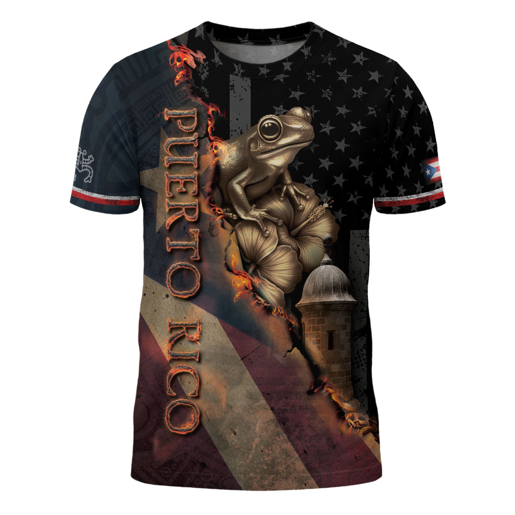 Bandera de Puerto Rico Coqui Hibiscus Taino Heritage Pride Boricua Fire Spirit Shirt