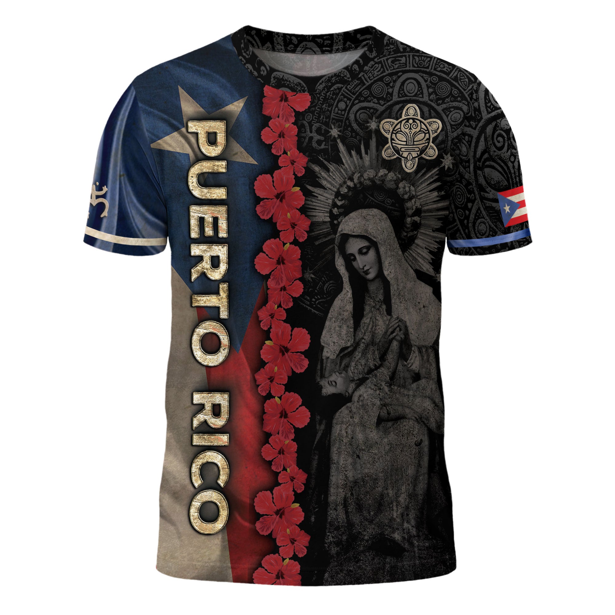 Puerto Rico Flag Virgin Mary Hibiscus Taino Heritage Pride Faith Boricua Shirt