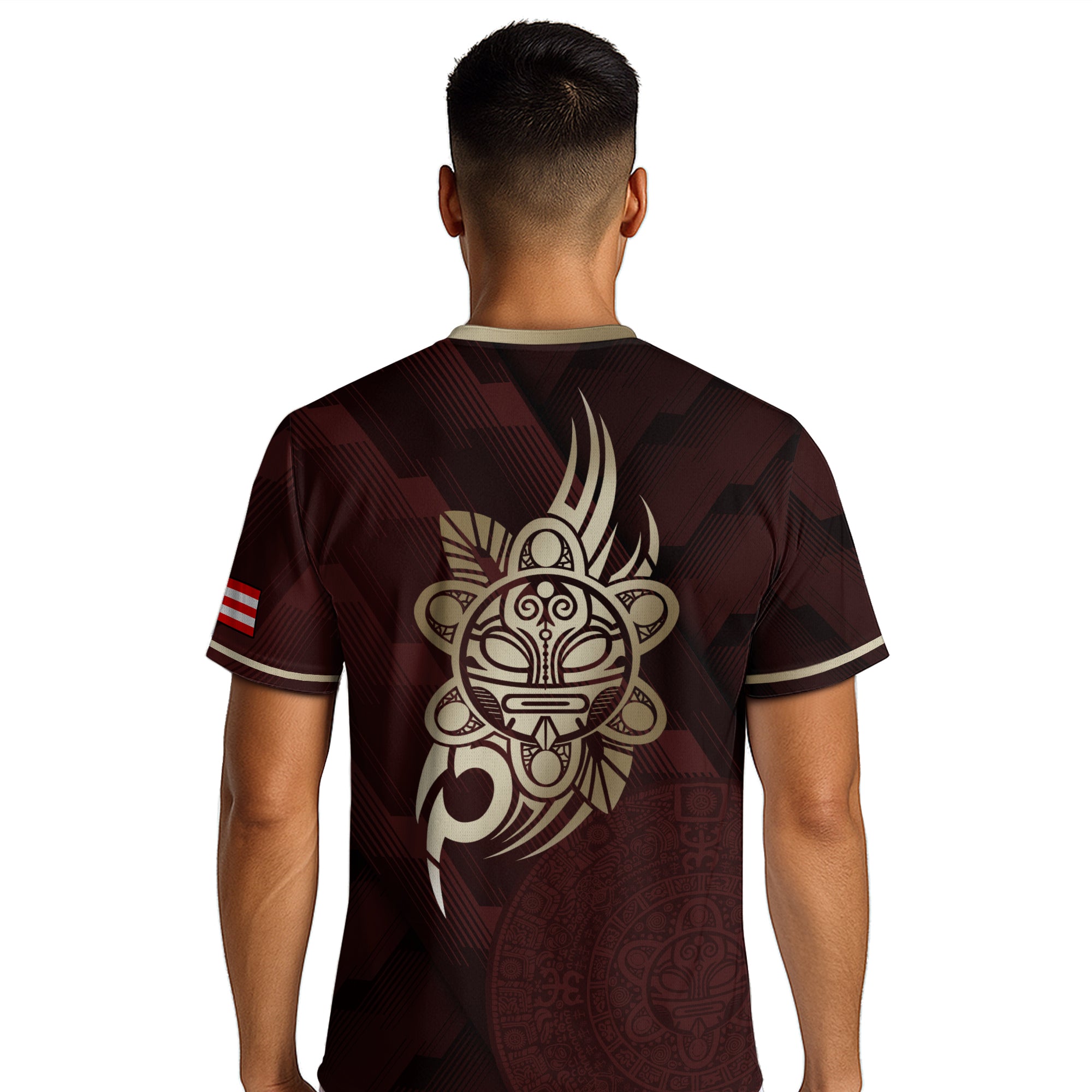 Camiseta de fútbol boricua del Patrimonio Nacional del Arte Taíno con Símbolo Dorado Granate de Puerto Rico