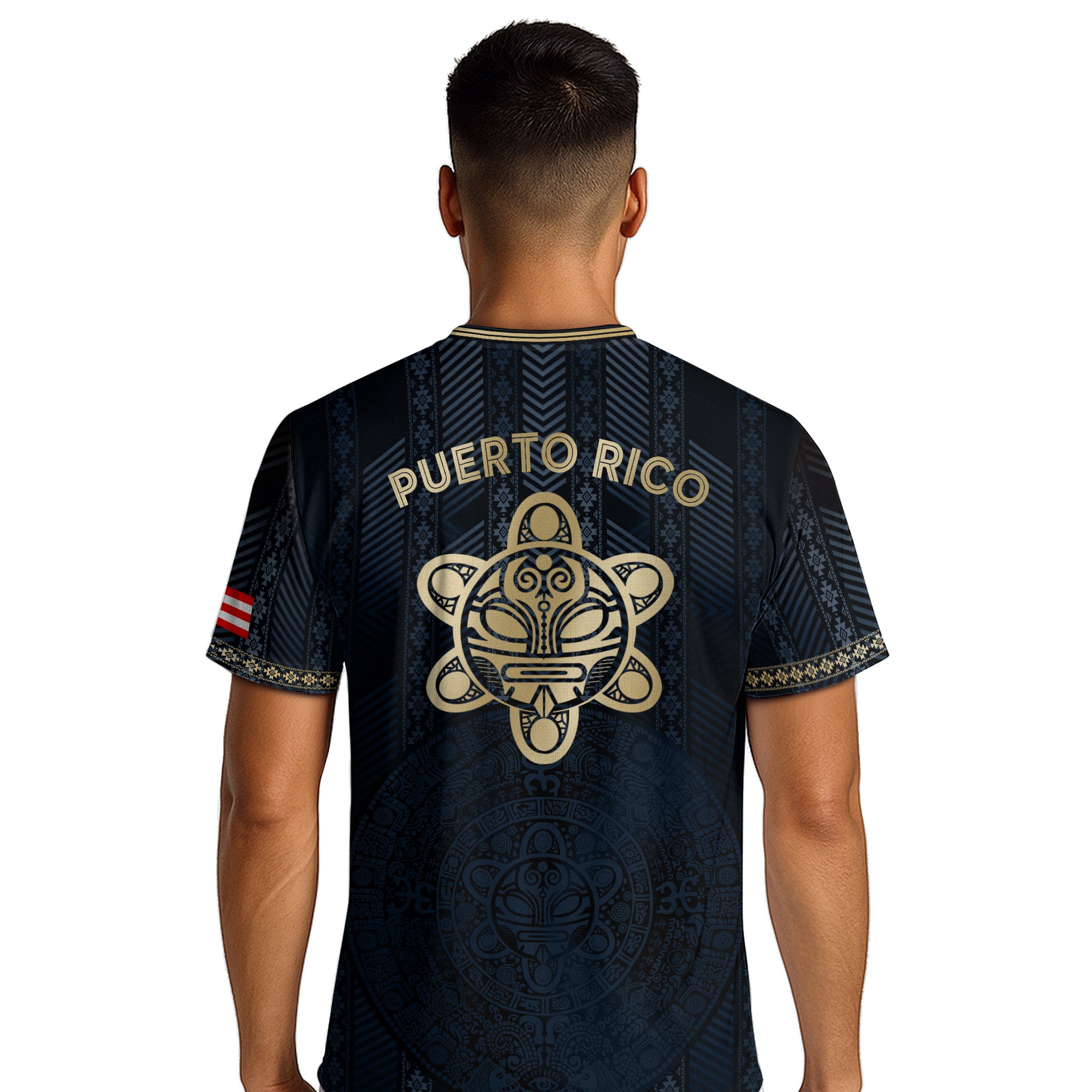 Camiseta de fútbol boricua de la herencia nacional tribal del sol taíno dorado de la marina de Puerto Rico