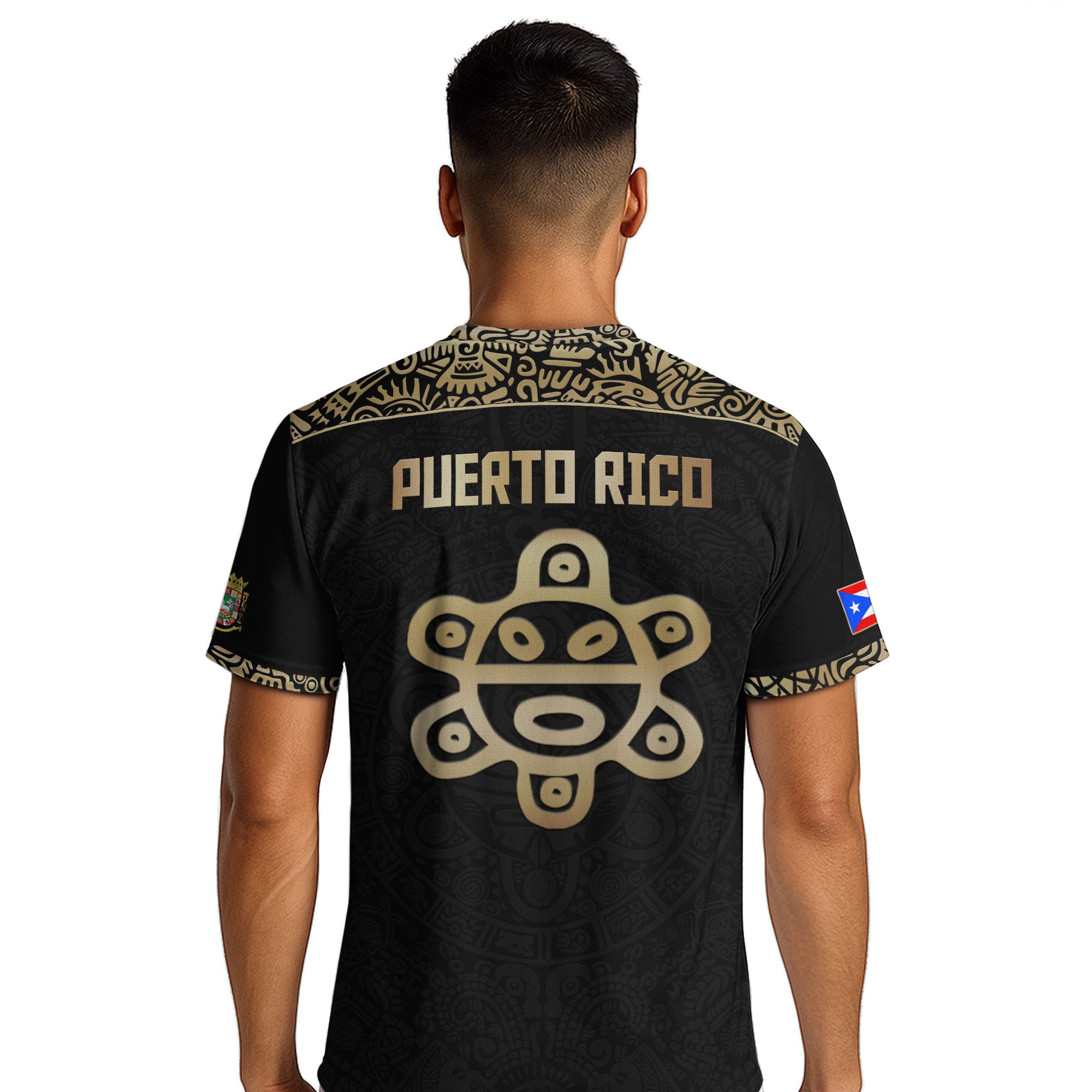 Camiseta de fútbol Puerto Rico Black Gold Boricua Taino Sun Mask Tribal National Pride Heritage