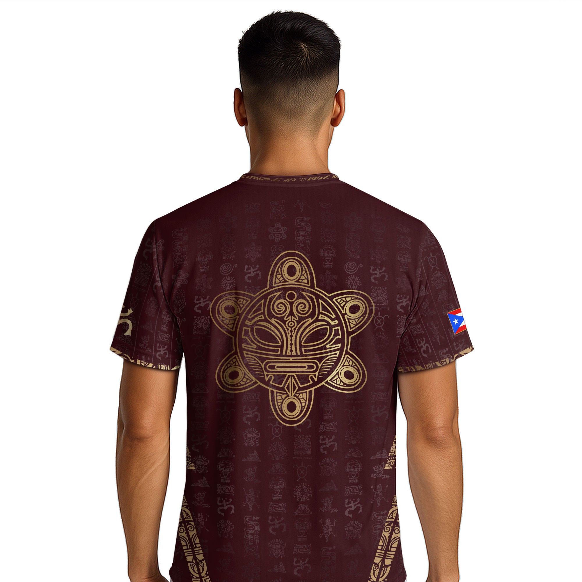 Camiseta de fútbol con símbolos boricuas del Sol Taíno, color dorado granate de Puerto Rico