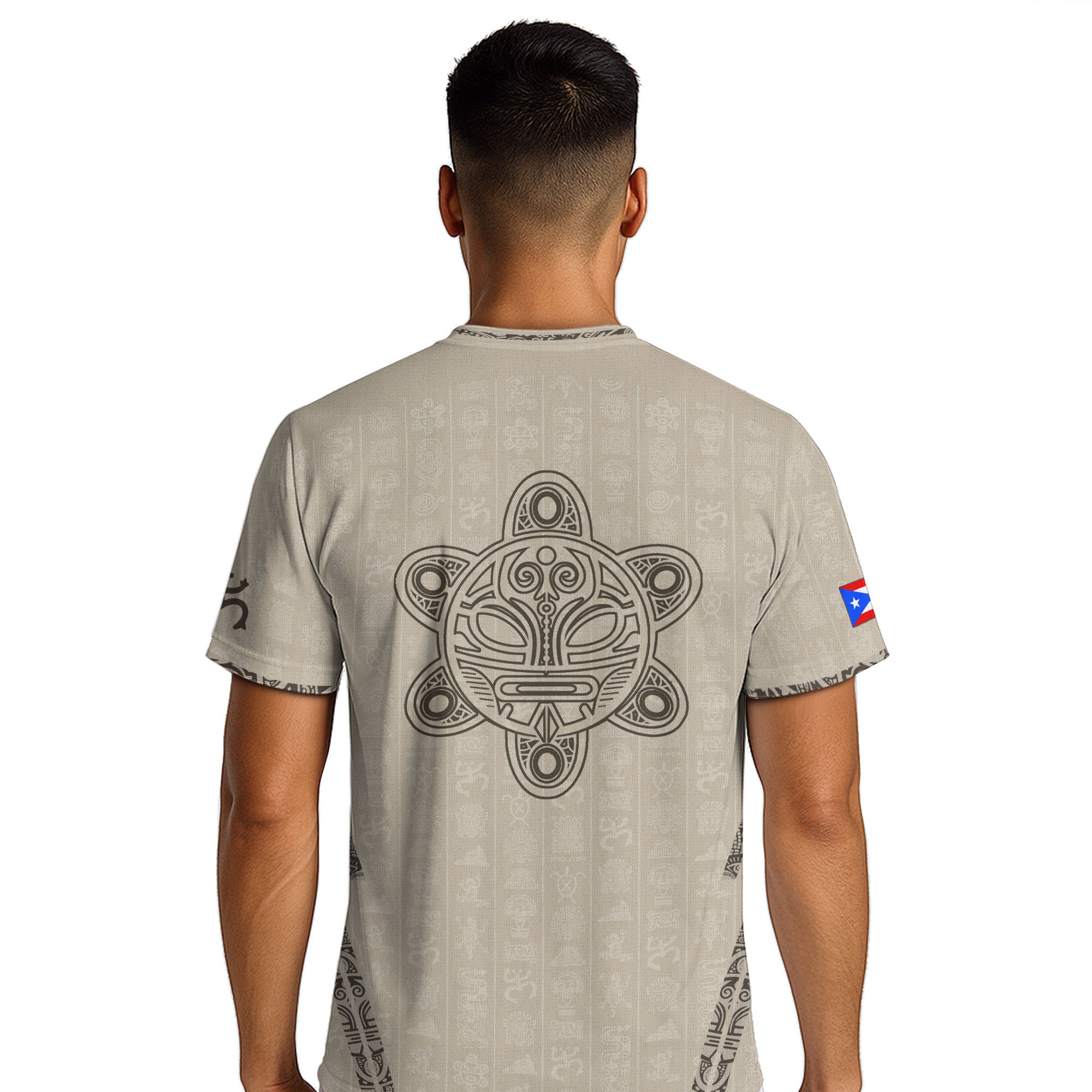 Camiseta de fútbol con símbolos boricuas del Sol Taino, color beige y dorado de Puerto Rico