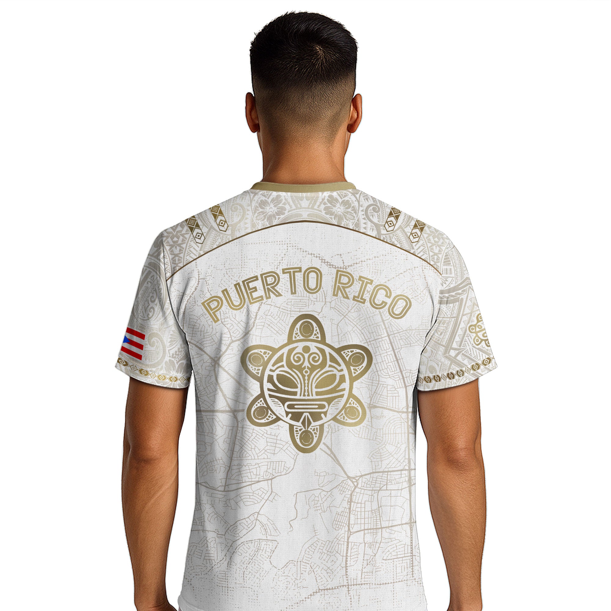 Camiseta de fútbol boricua del Patrimonio Nacional del Sol Taino con mapa de calles de Puerto Rico en oro blanco