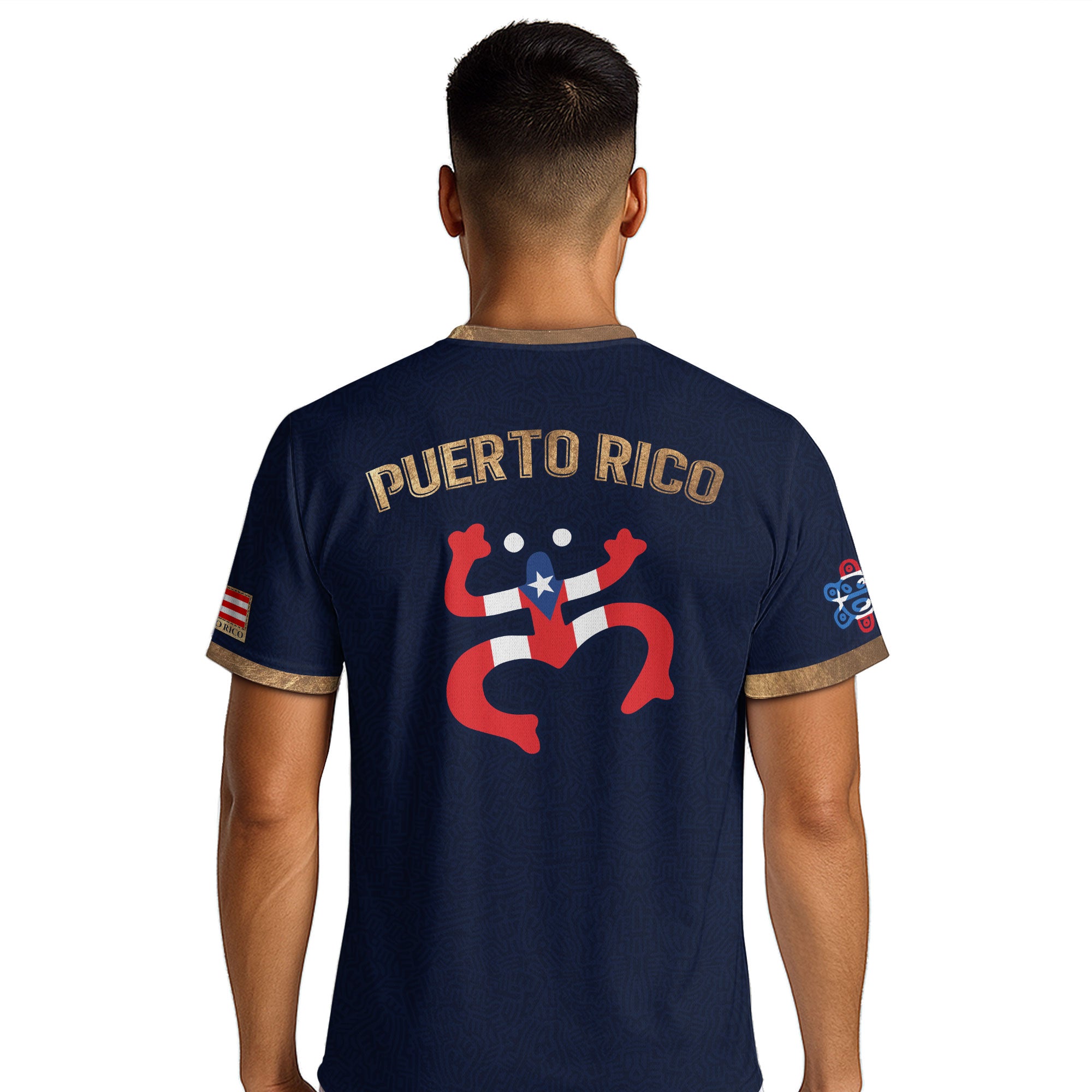 Camiseta de fútbol con máscara taína boricua azul marino de Puerto Rico, bandera tribal, orgullo nacional