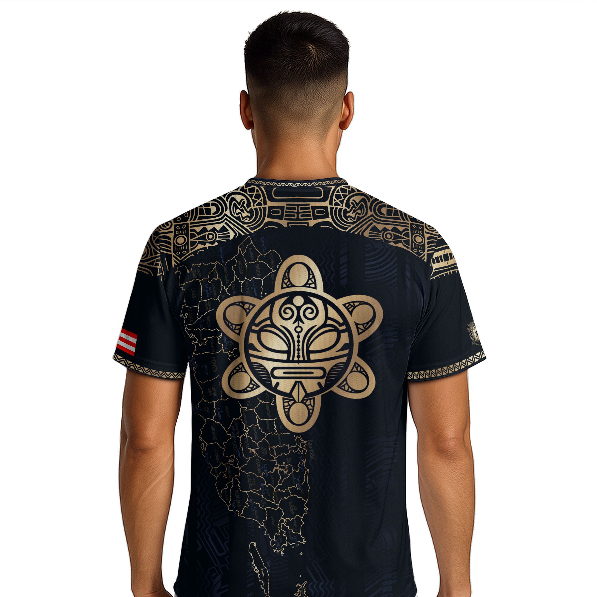 Camiseta de fútbol con máscara taína boricua azul marino de Puerto Rico, bandera tribal, orgullo nacional