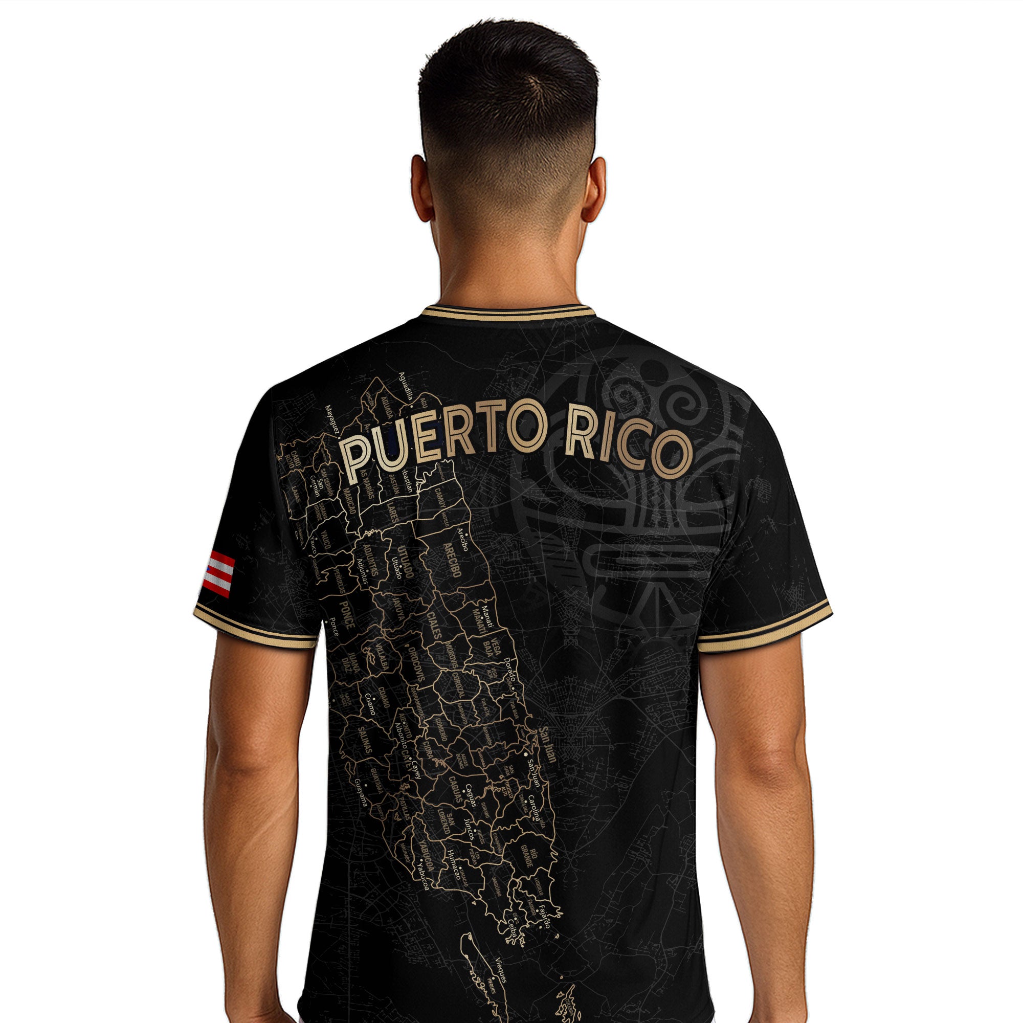 Camiseta nacional de fútbol con símbolos tribales boricuas y taínos de Puerto Rico en oro negro