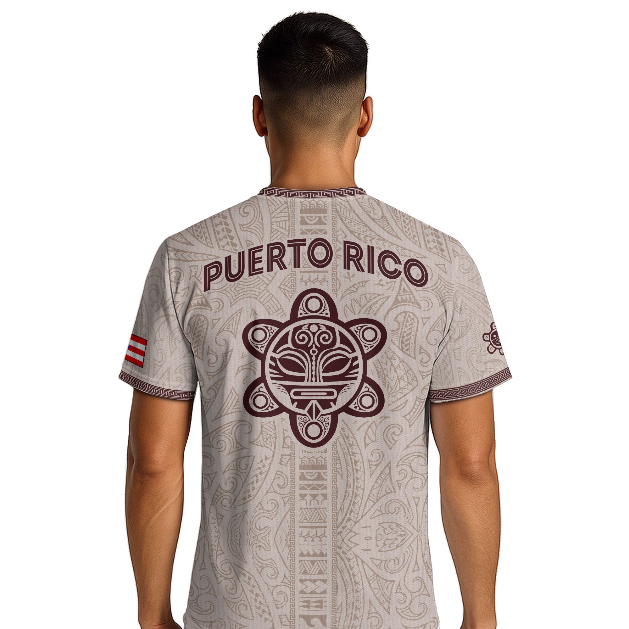 Camiseta de fútbol de Puerto Rico con símbolo tribal blanco burdeos y herencia nacional