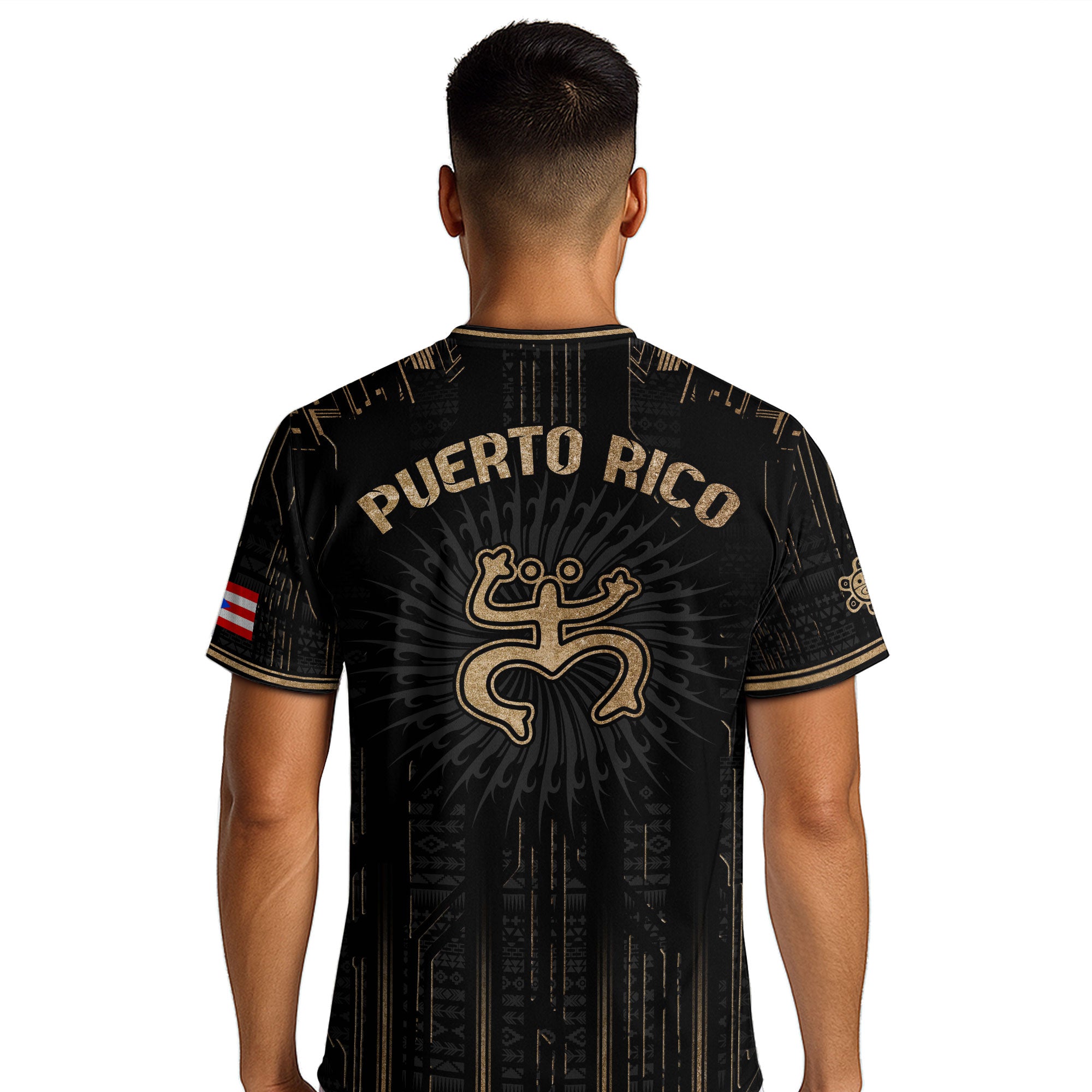 Camiseta de fútbol de la herencia nacional del guerrero tribal negro y dorado de Puerto Rico