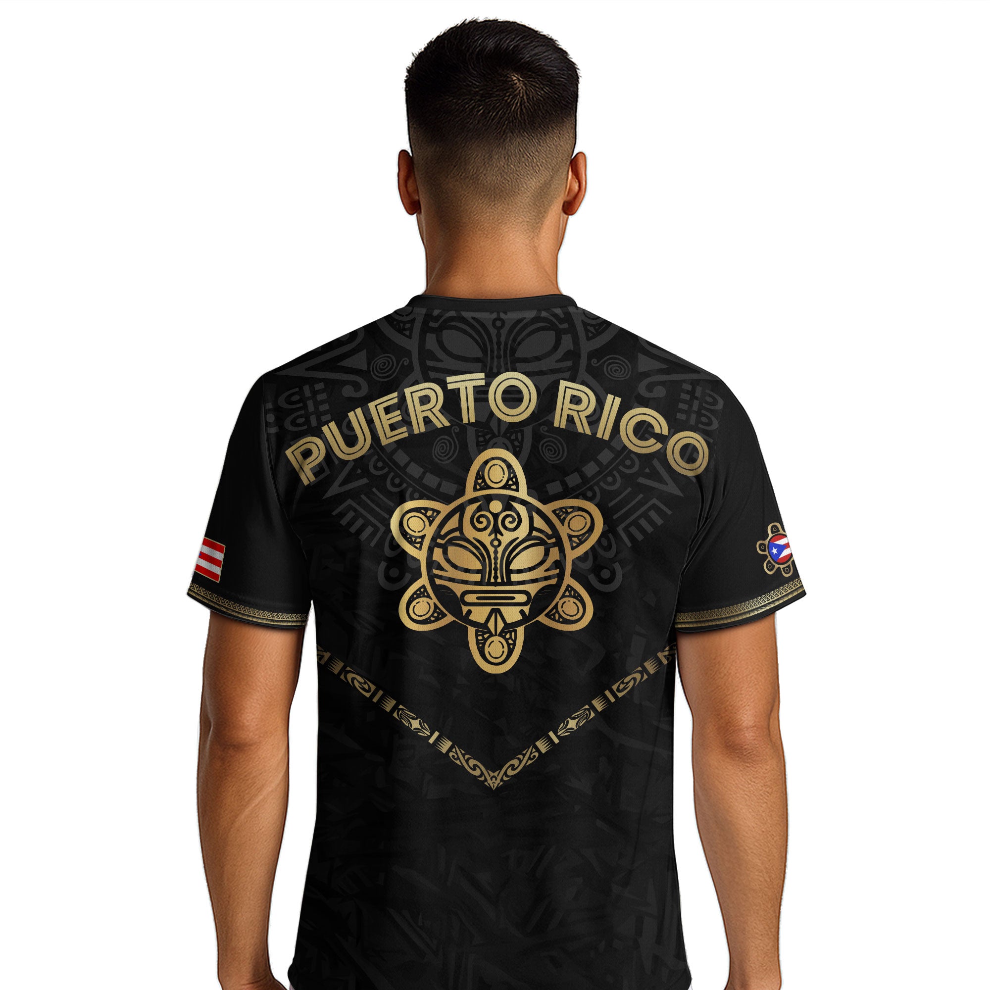 Camiseta de fútbol boricua de la herencia nacional del Sol Taino de la Rana Coquí Negra Dorada de Puerto Rico