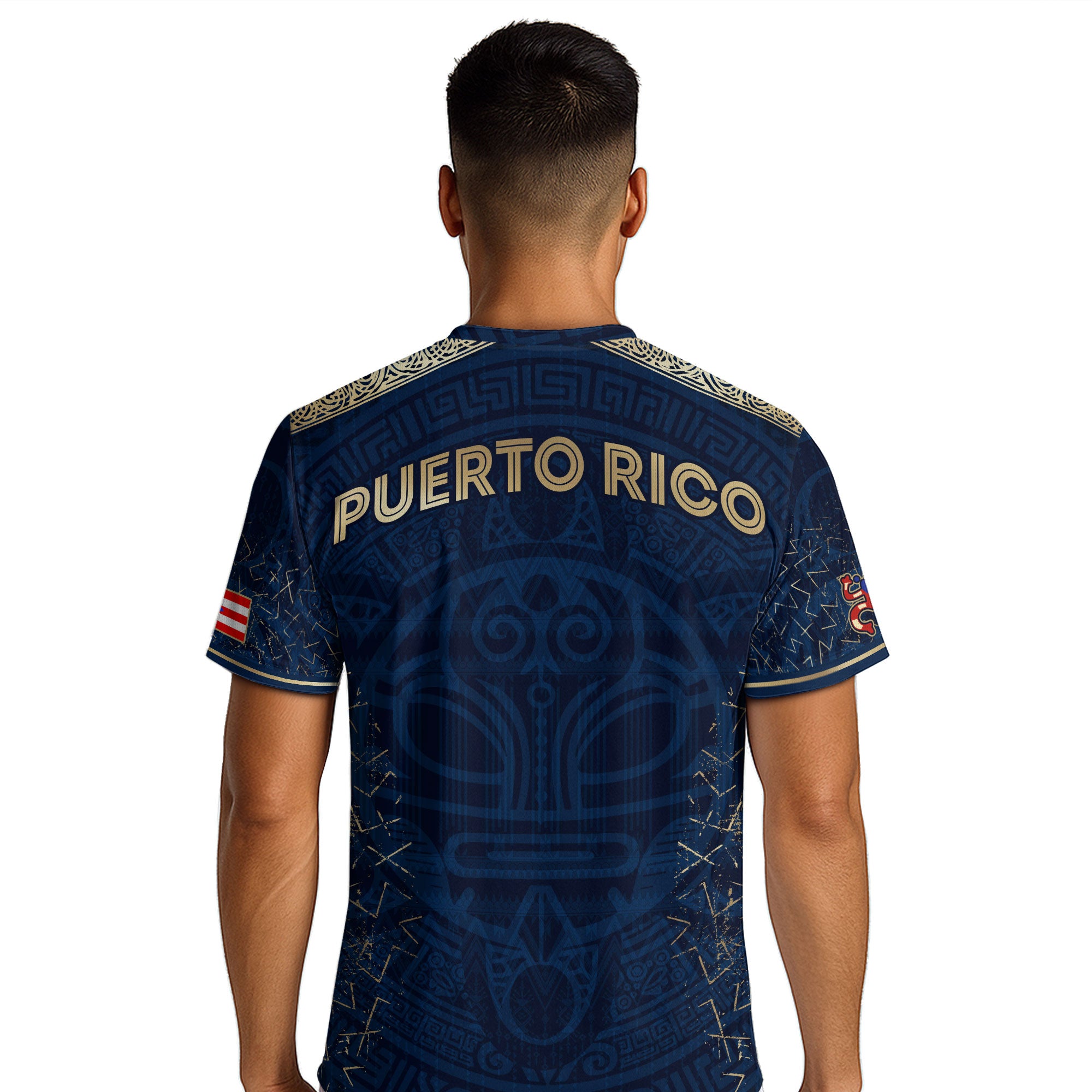 Camiseta de fútbol boricua de la herencia nacional con símbolo taíno azul real y dorado de Puerto Rico