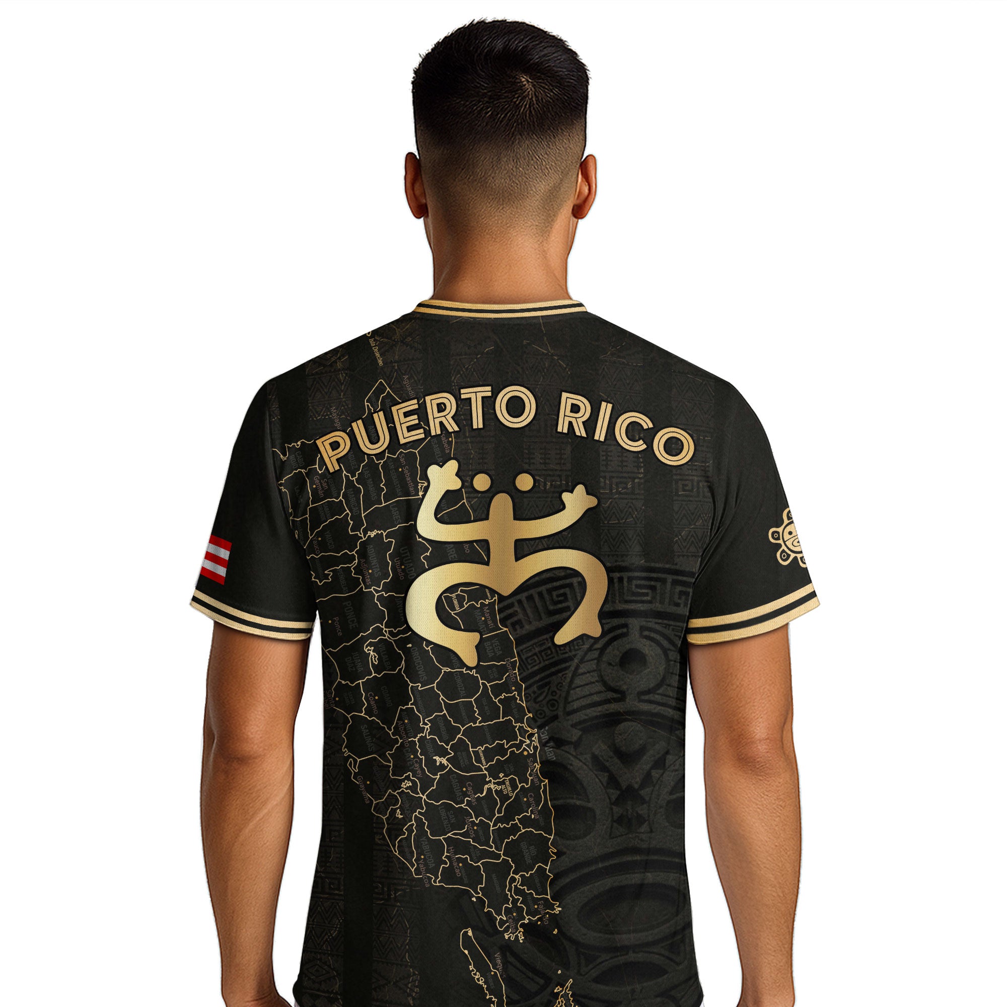 Camiseta de fútbol boricua del Patrimonio Nacional del Sol Taino con el Mapa de la Isla Dorada Negra de Puerto Rico