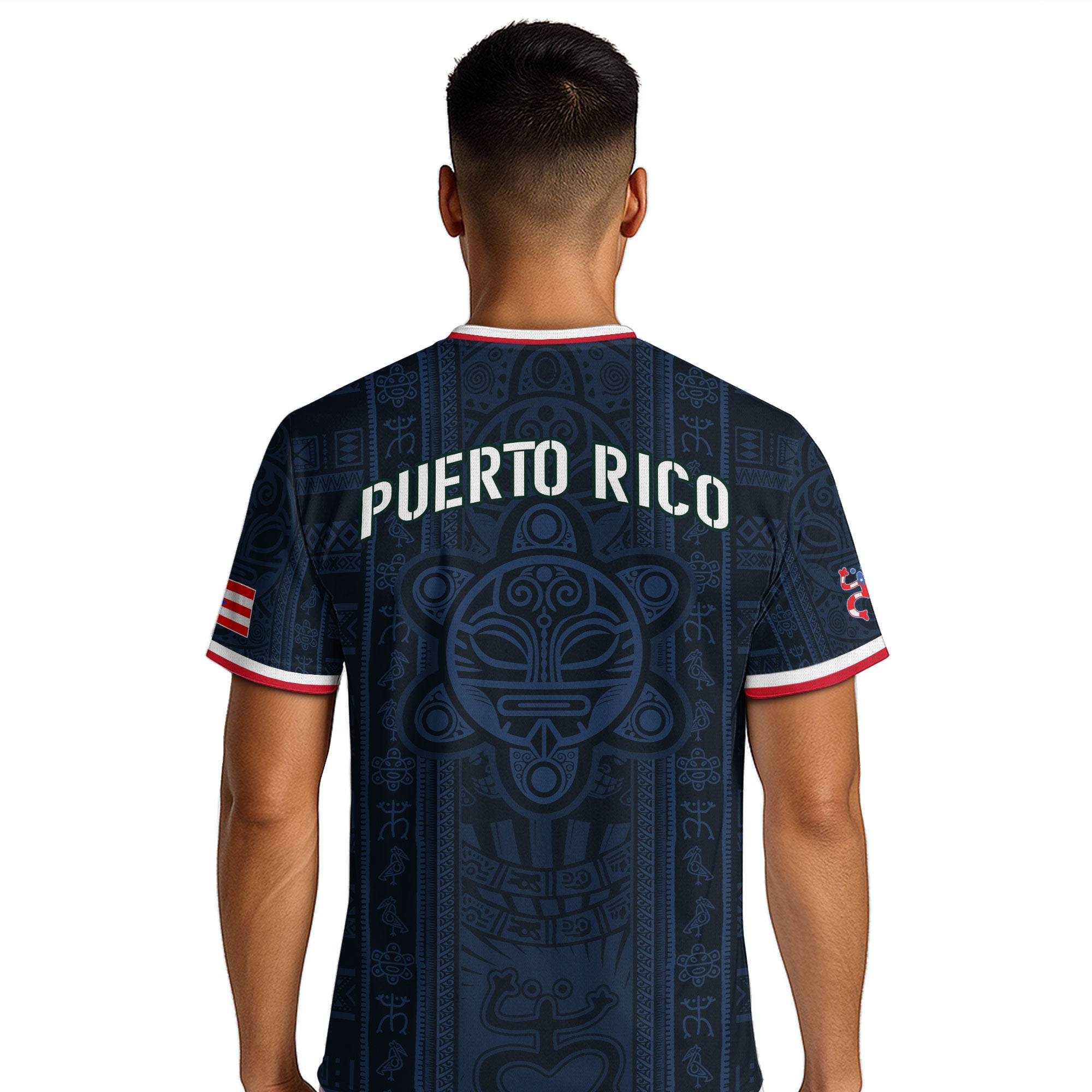 Camiseta de fútbol boricua de herencia nacional con patrón de símbolo taíno azul marino de Puerto Rico