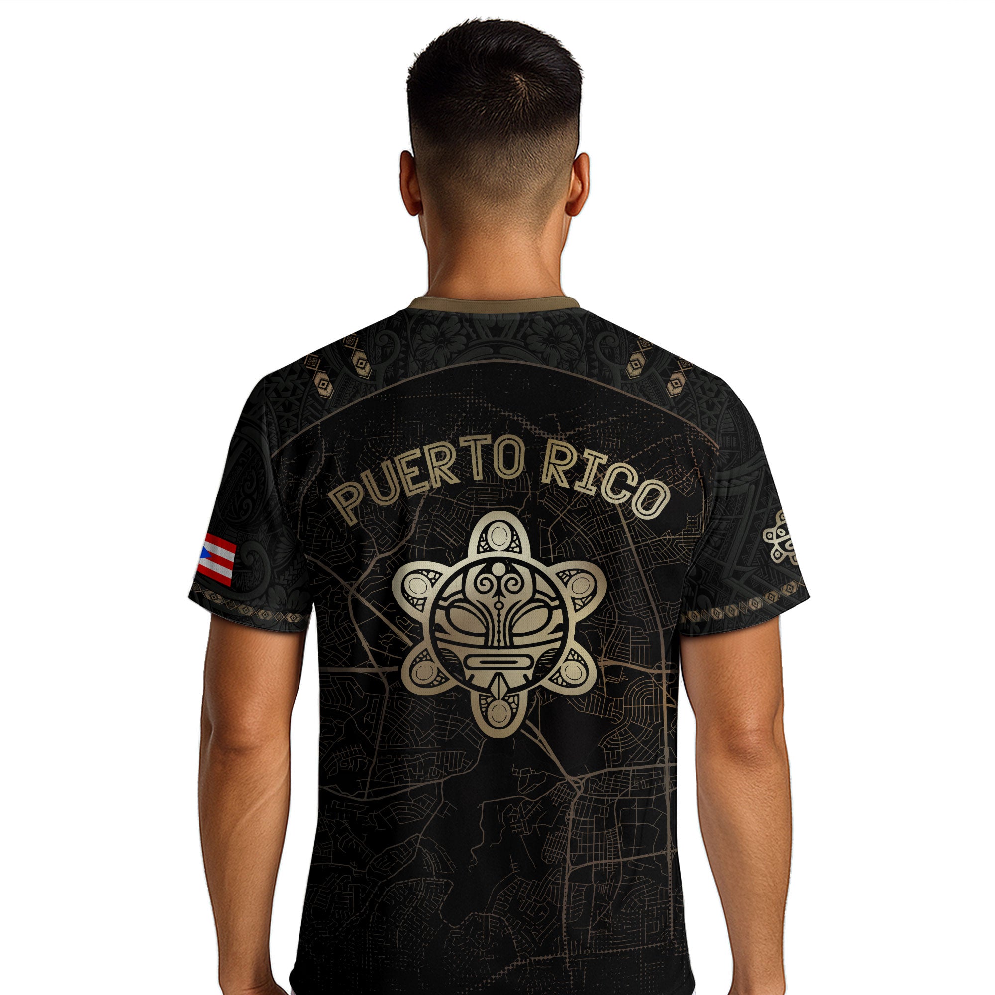 Camiseta de fútbol boricua del Patrimonio Nacional del Sol Taino con mapa de calles de Puerto Rico en negro y dorado