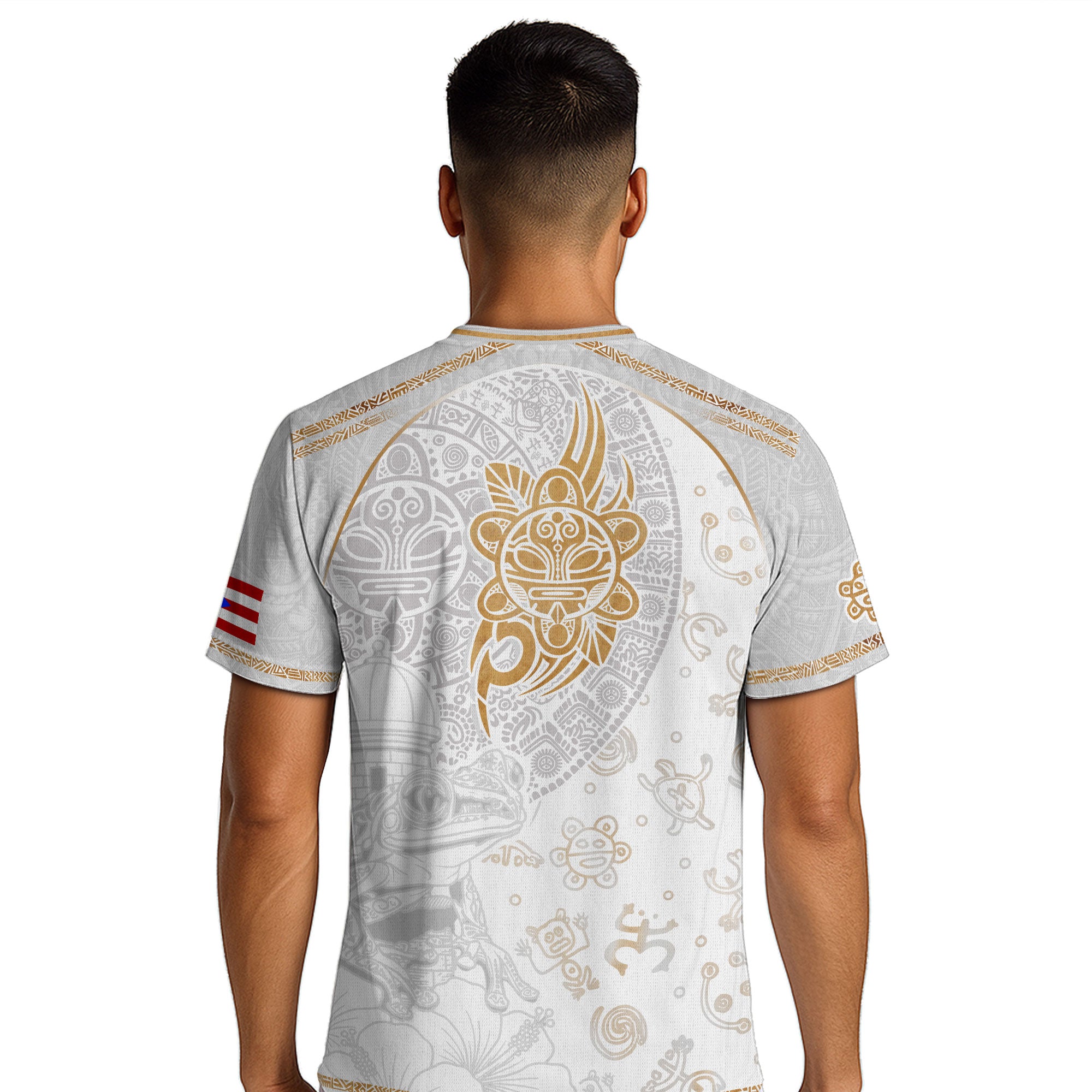Camiseta de fútbol de la herencia nacional del sol taíno de Puerto Rico, rana coquí dorada blanca
