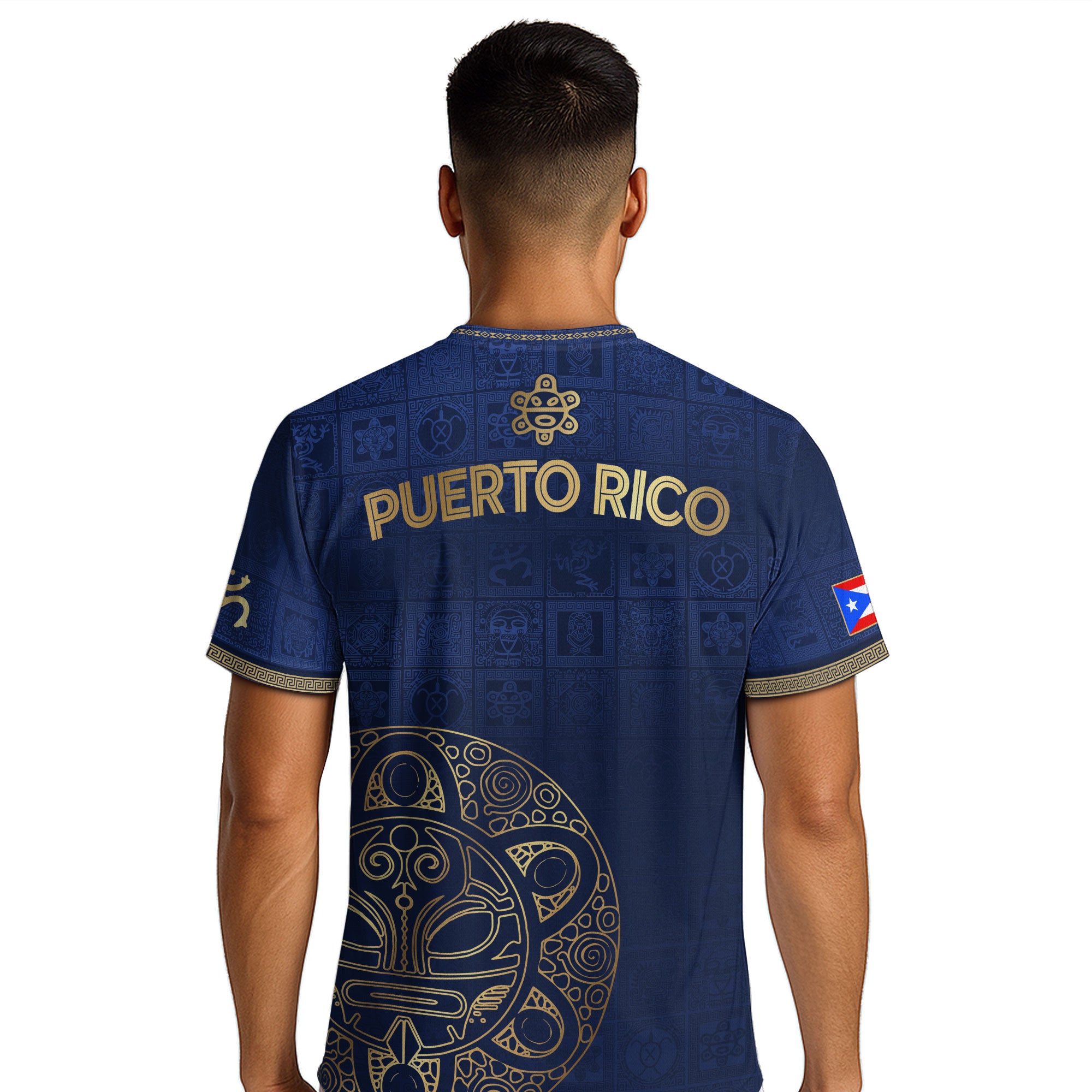 Camiseta de fútbol boricua con patrón de símbolo taíno dorado de la Marina de Puerto Rico