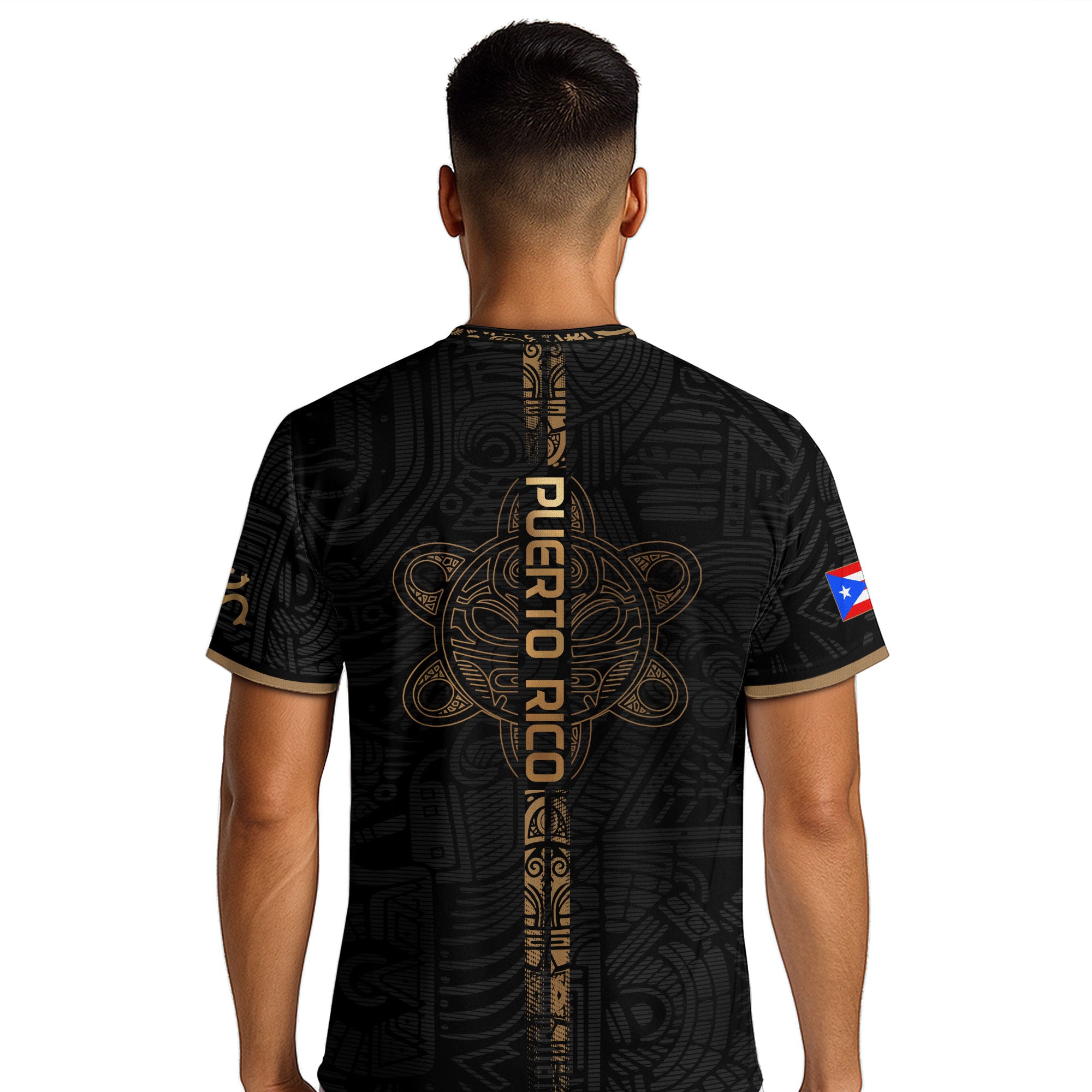 Camiseta de fútbol Puerto Rico Black Gold Side Taino Sun National Heritage Boricua Pride