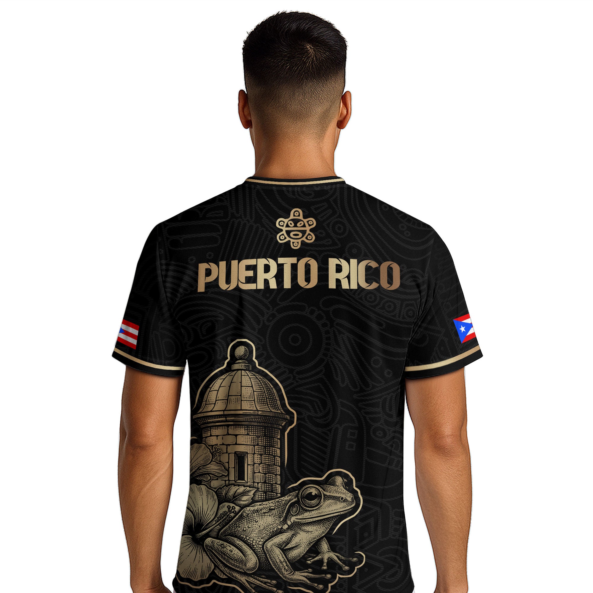 Puerto Rico Black Gold Boricua El Morro Coqui Frog Hibiscus Historical Soccer Jersey