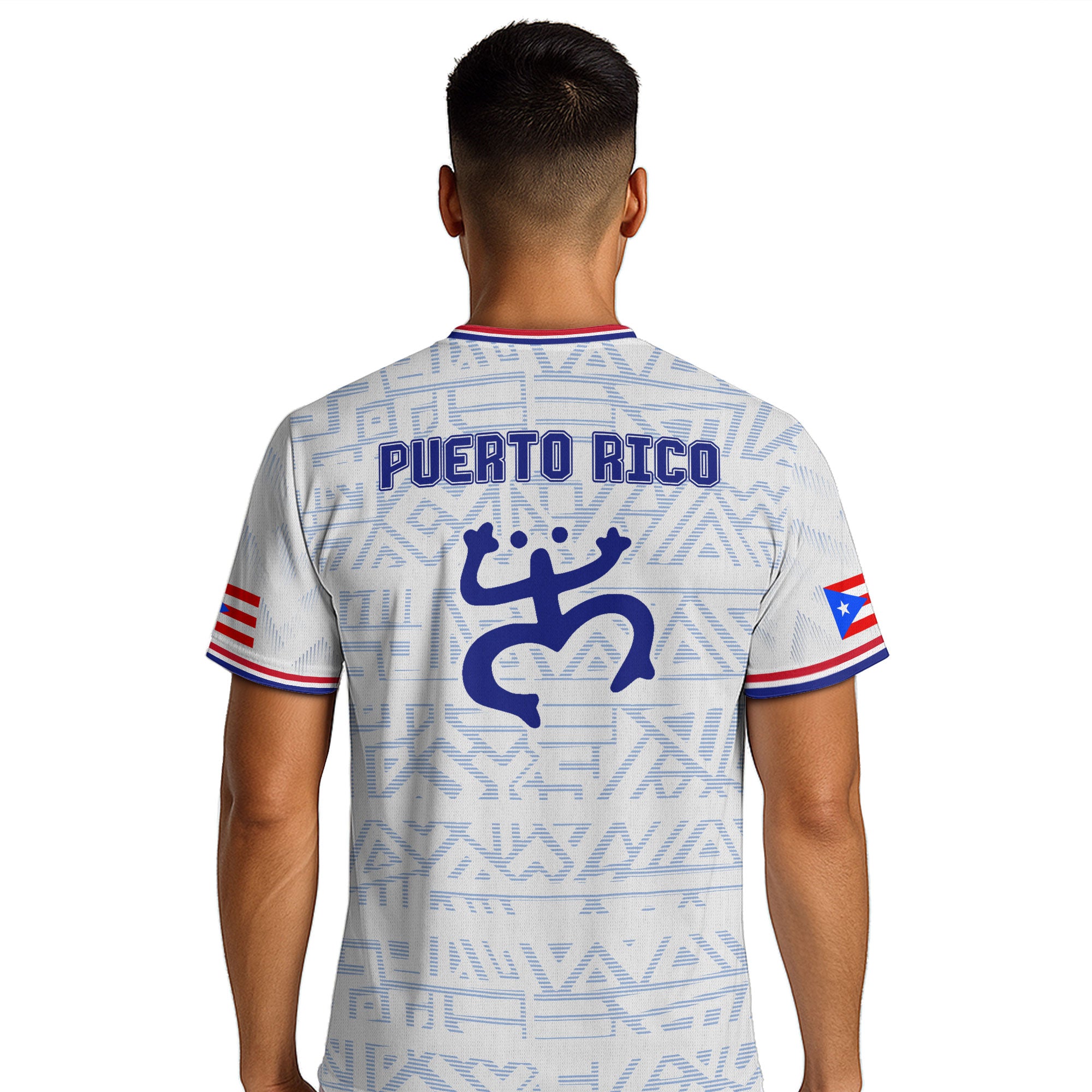 Camiseta de fútbol Puertorriqueña blanca y azul con la bandera boricua, sol taíno y coquí tribal del orgullo nacional