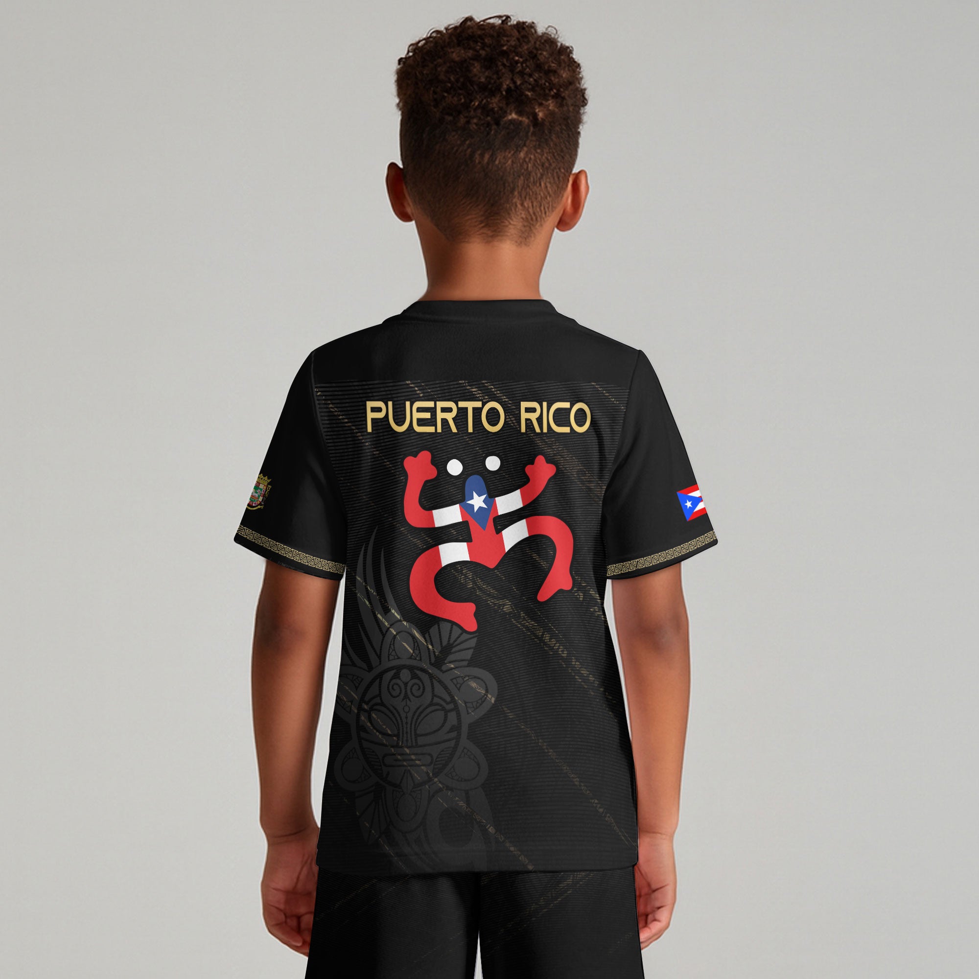 Puerto Rico Kids Youth Black Gold Boricua Coqui Frog Tribal Taino Pride Soccer Jersey