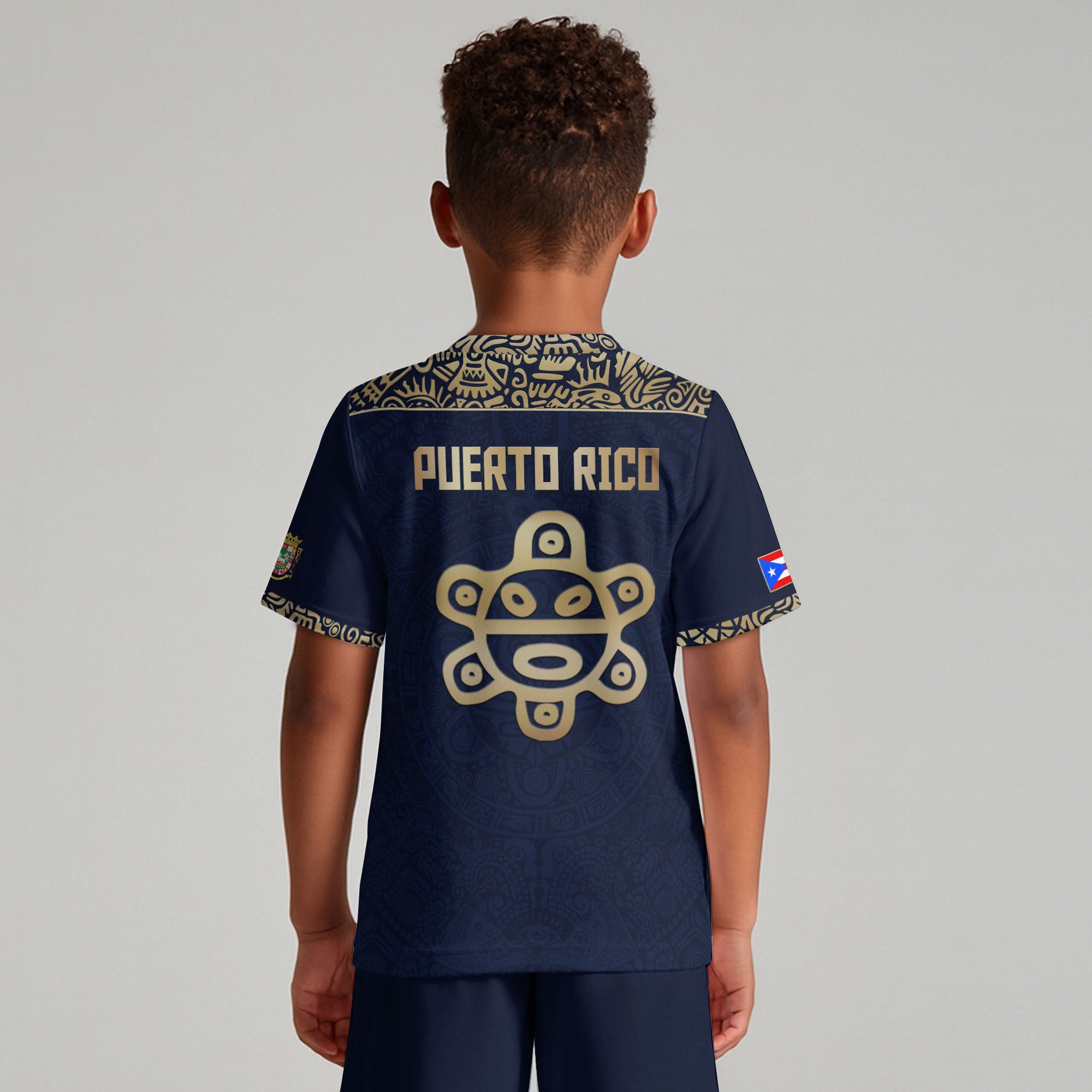 Puerto Rico Kids Youth Navy Blue Boricua Taino Mask Tribal Flag Pride Soccer Jersey