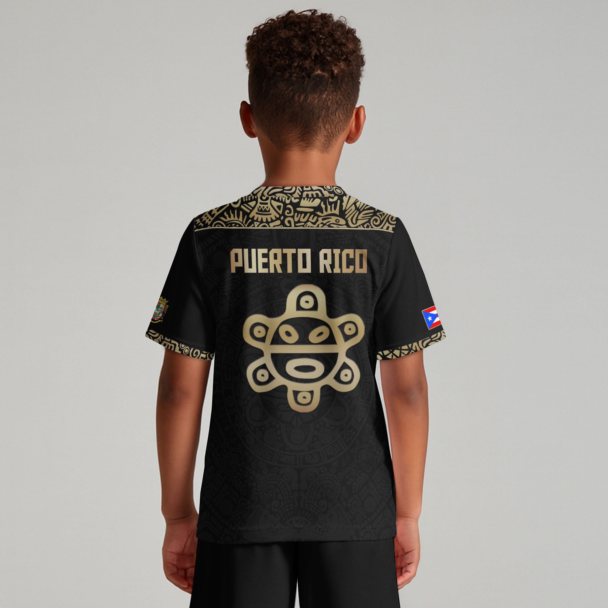 Puerto Rico Kids Youth Black Gold Boricua Taino Sun Mask Tribal Pride Soccer Jersey