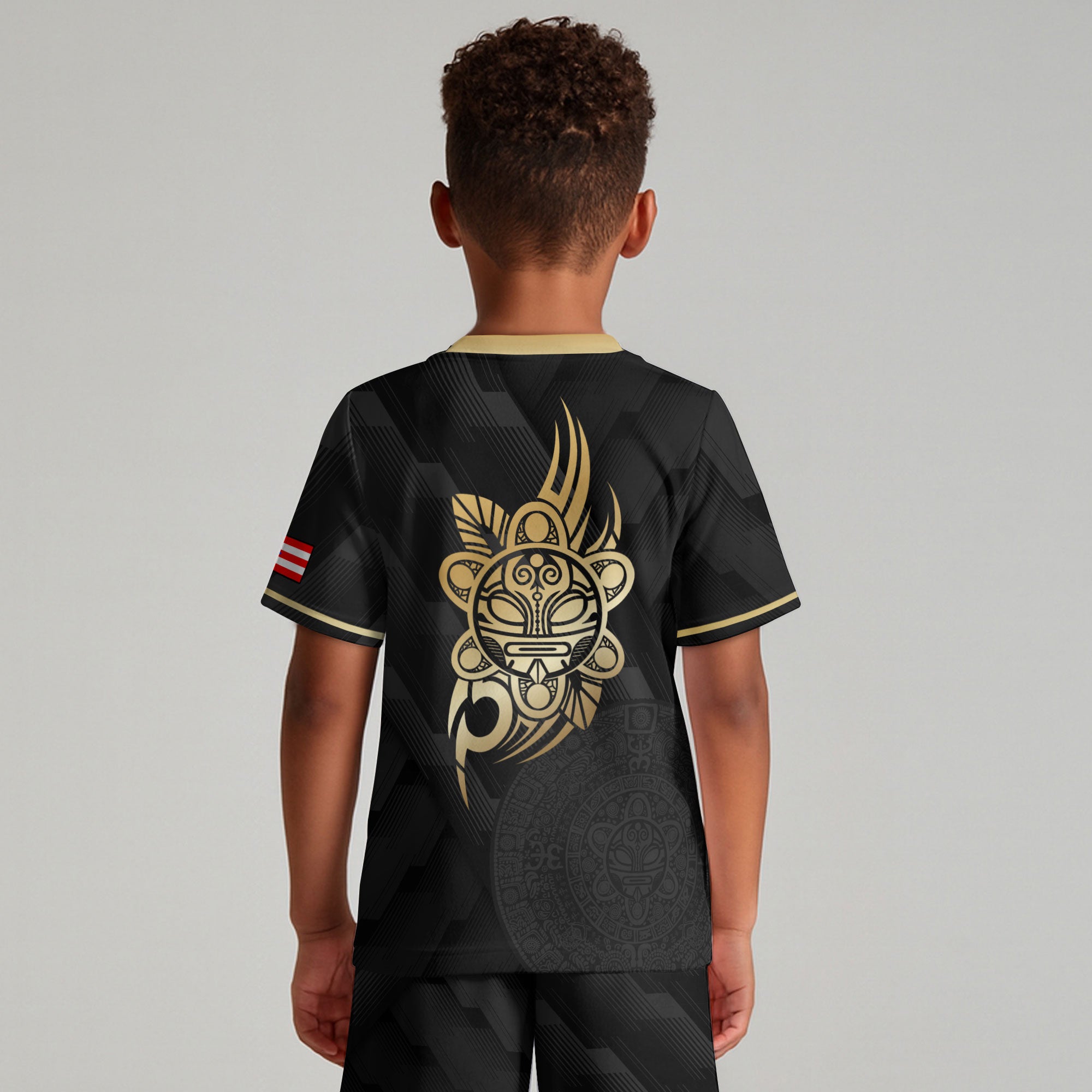 Puerto Rico Kids Youth Black Gold Modern Pattern Taino Sun Heritage Soccer Jersey