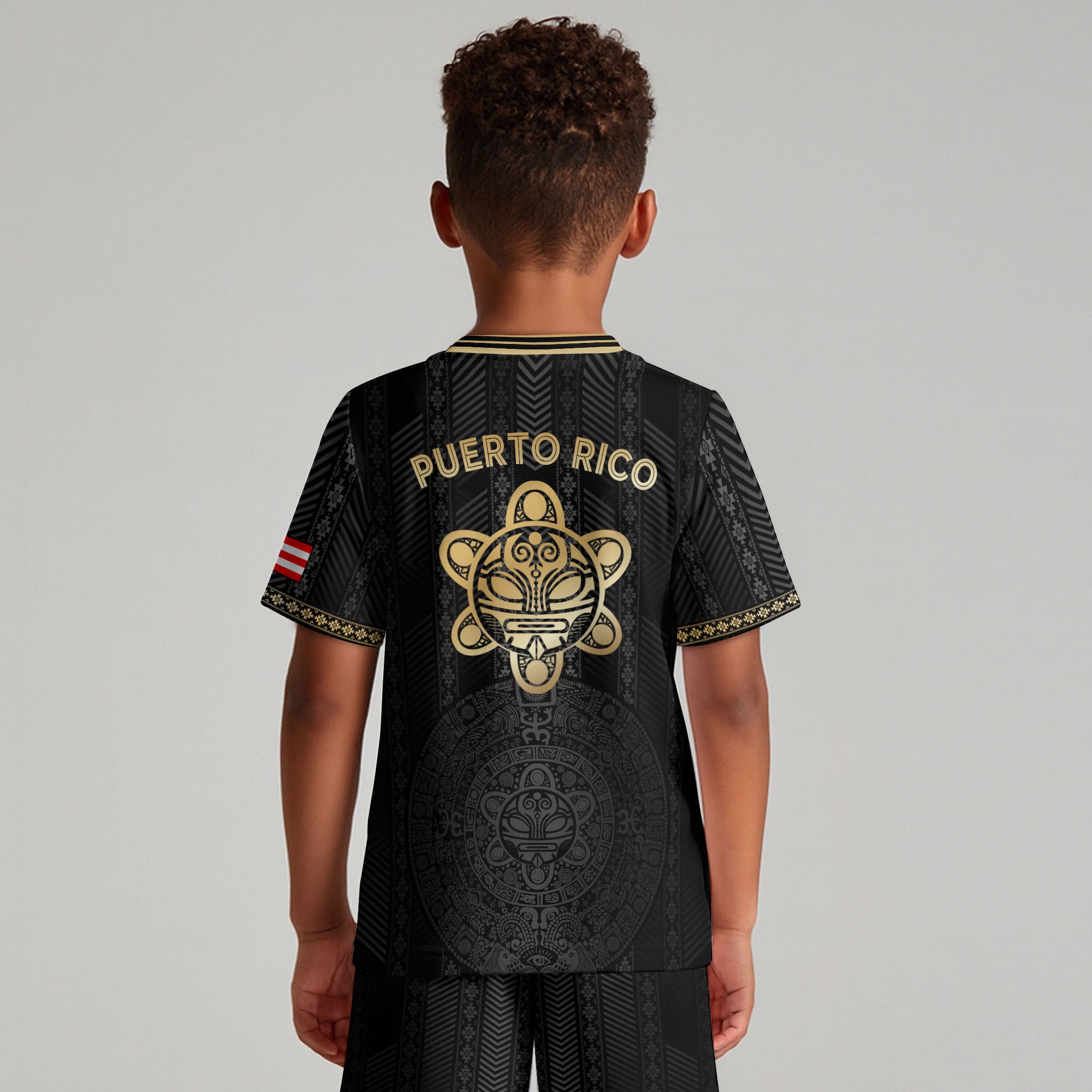 Puerto Rico Kids Youth Black Gold Tribal Stripe Taino Sun Heritage Soccer Jersey