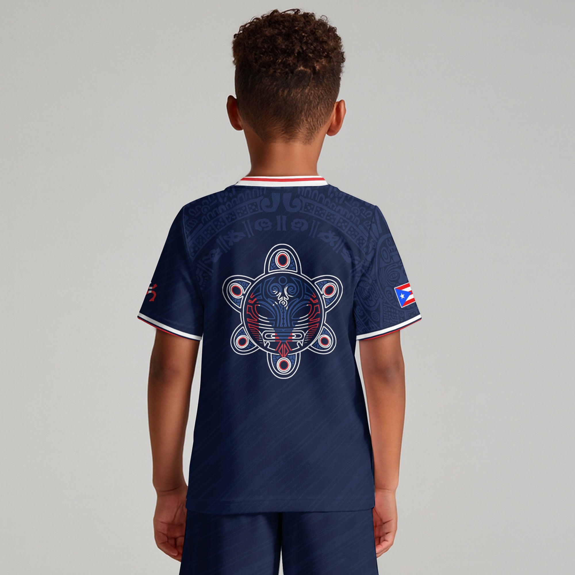 Puerto Rico Kids Youth Navy Red White Taino Sun National Heritage Boricua Soccer Jersey