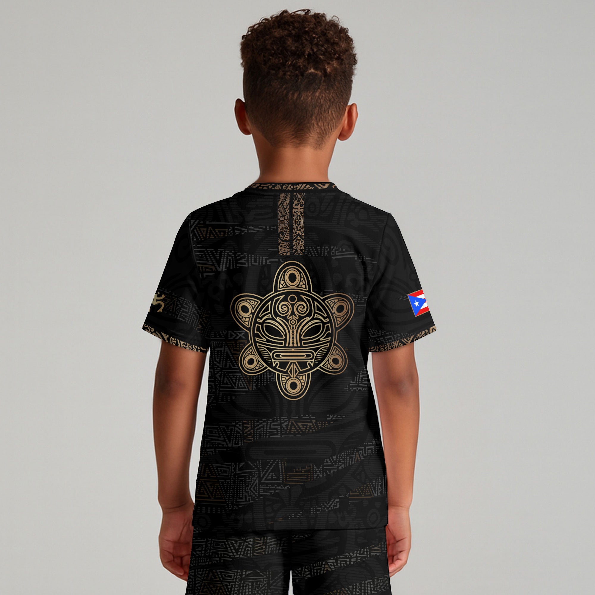 Puerto Rico Kids Youth Black Gold Taino Tribal Pattern National Heritage Soccer Jersey