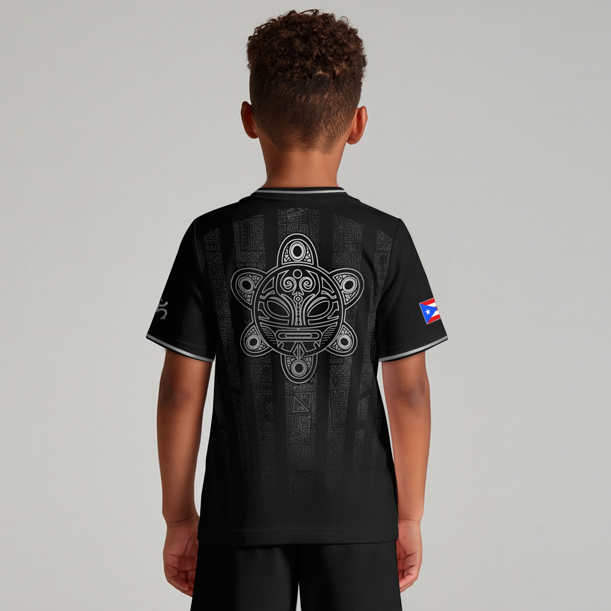 Puerto Rico Kids Youth Black Silver Taino Tribal Vertical Stripes Heritage Soccer Jersey