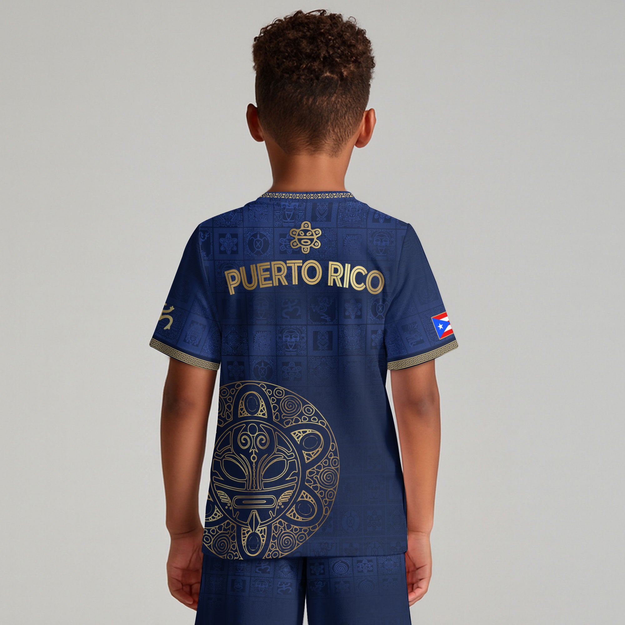 Puerto Rico Kids Youth Navy Gold Taino Symbols Grid National Heritage Soccer Jersey