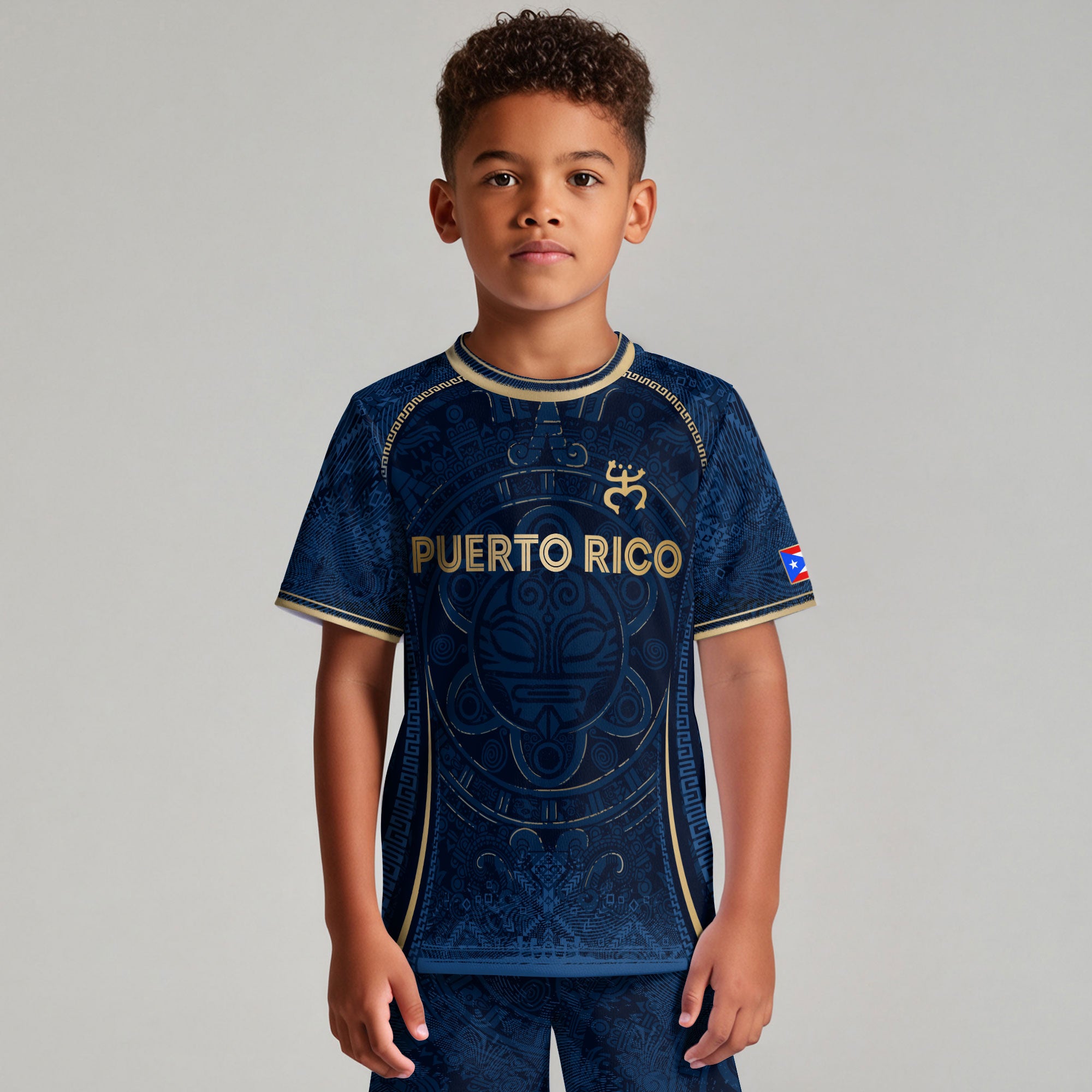 Puerto Rico Kids Youth Blue Gold Taino Sun Heritage Boricua Pride National Soccer Jersey