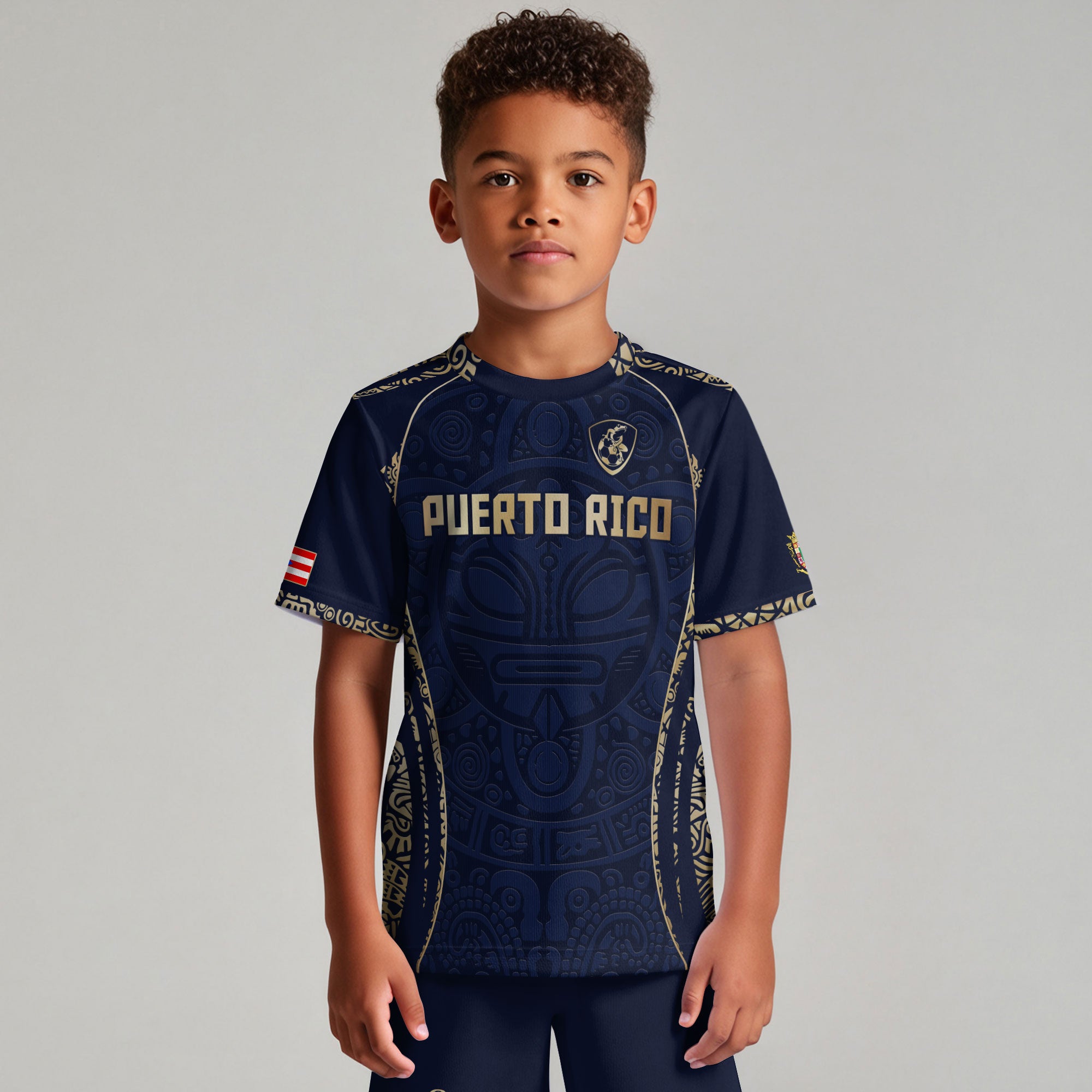 Puerto Rico Kids Youth Navy Blue Boricua Taino Mask Tribal Flag Pride Soccer Jersey
