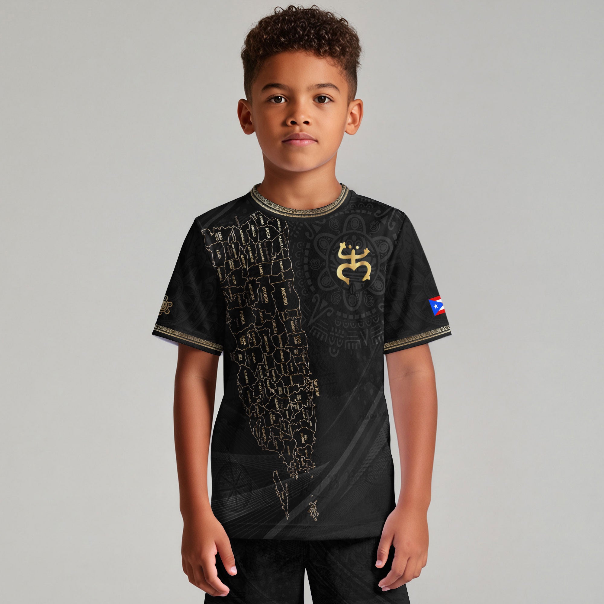 Puerto Rico Kids Youth Black Gold Map Taino Coqui National Heritage Soccer Jersey