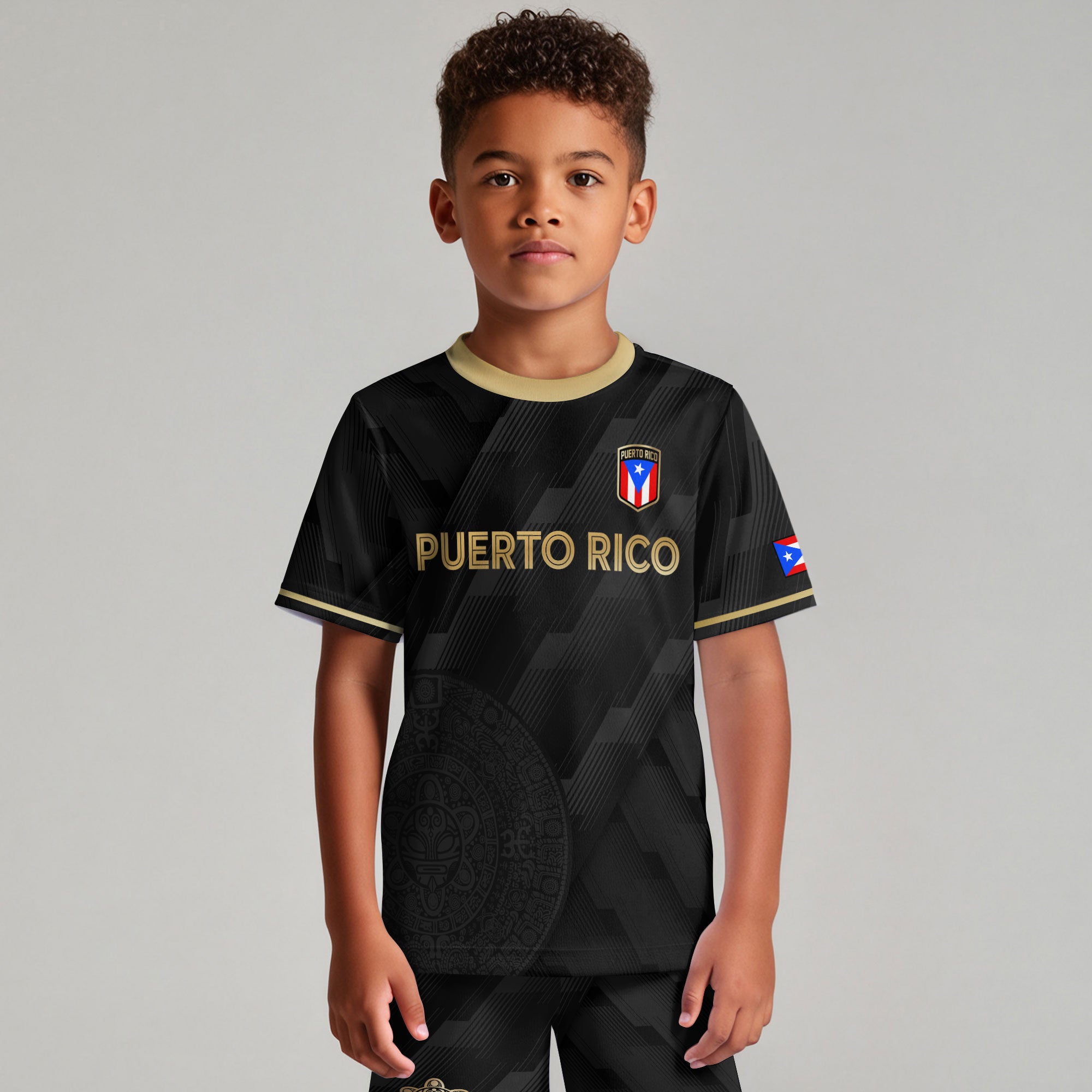 Puerto Rico Kids Youth Black Gold Modern Pattern Taino Sun Heritage Soccer Jersey