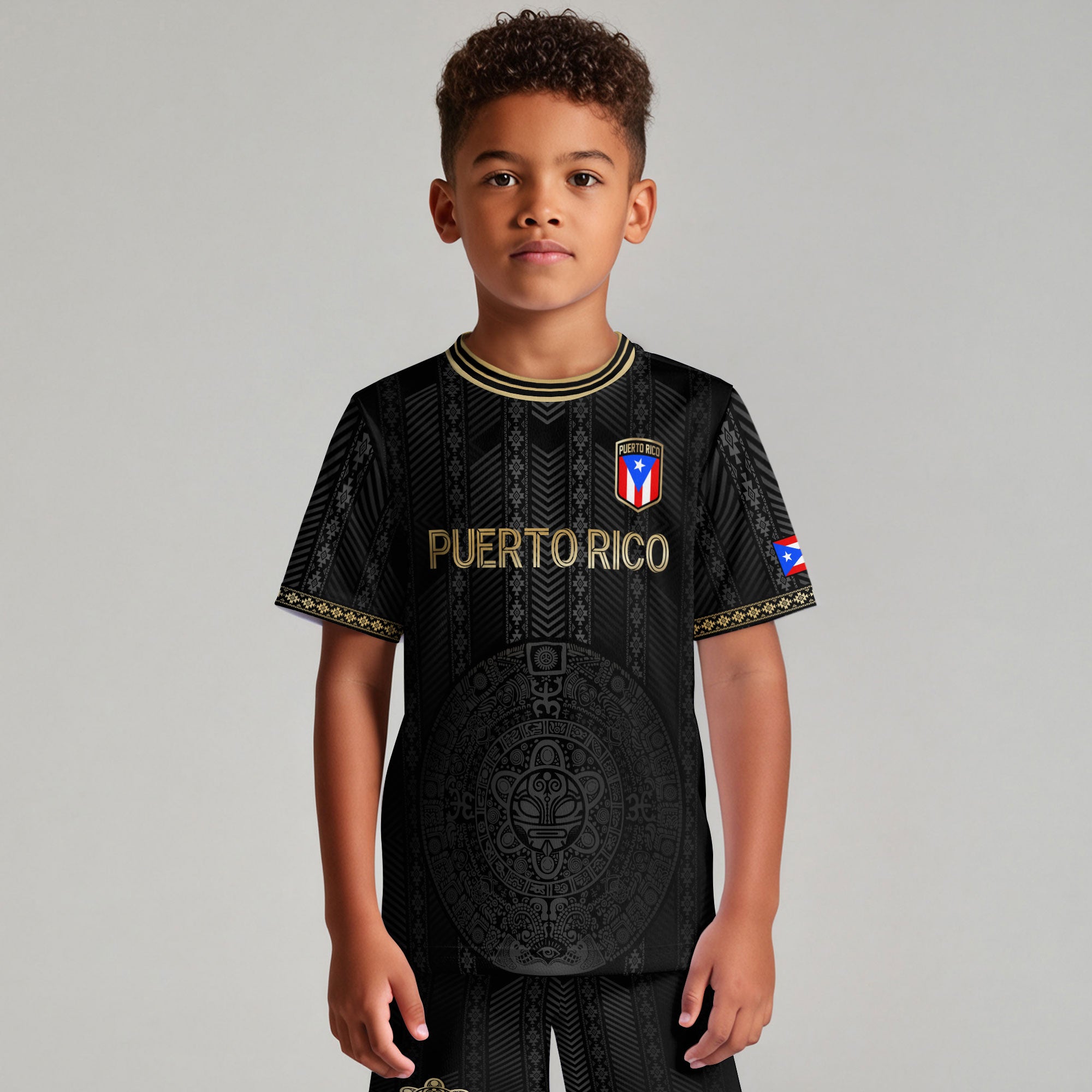 Puerto Rico Kids Youth Black Gold Tribal Stripe Taino Sun Heritage Soccer Jersey