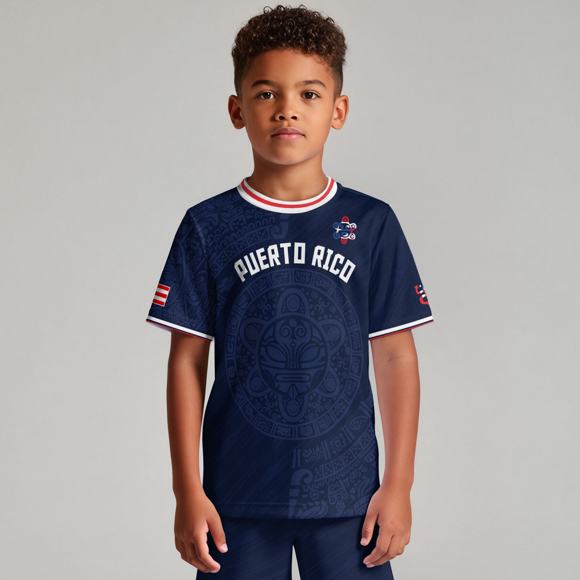 Puerto Rico Kids Youth Navy Red White Taino Sun National Heritage Boricua Soccer Jersey