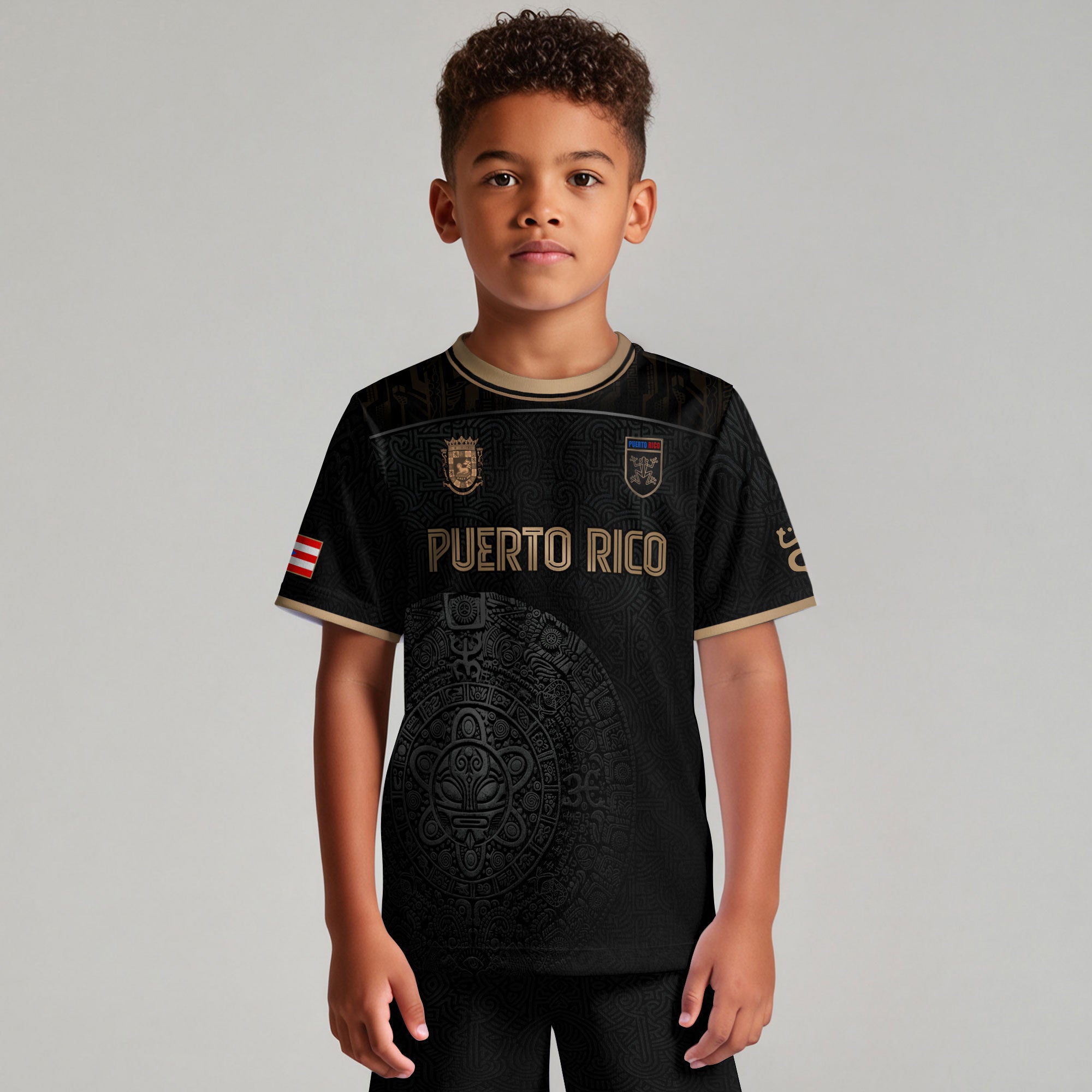Puerto Rico Kids Youth Black Gold Taino Sun National Heritage Boricua Soccer Jersey