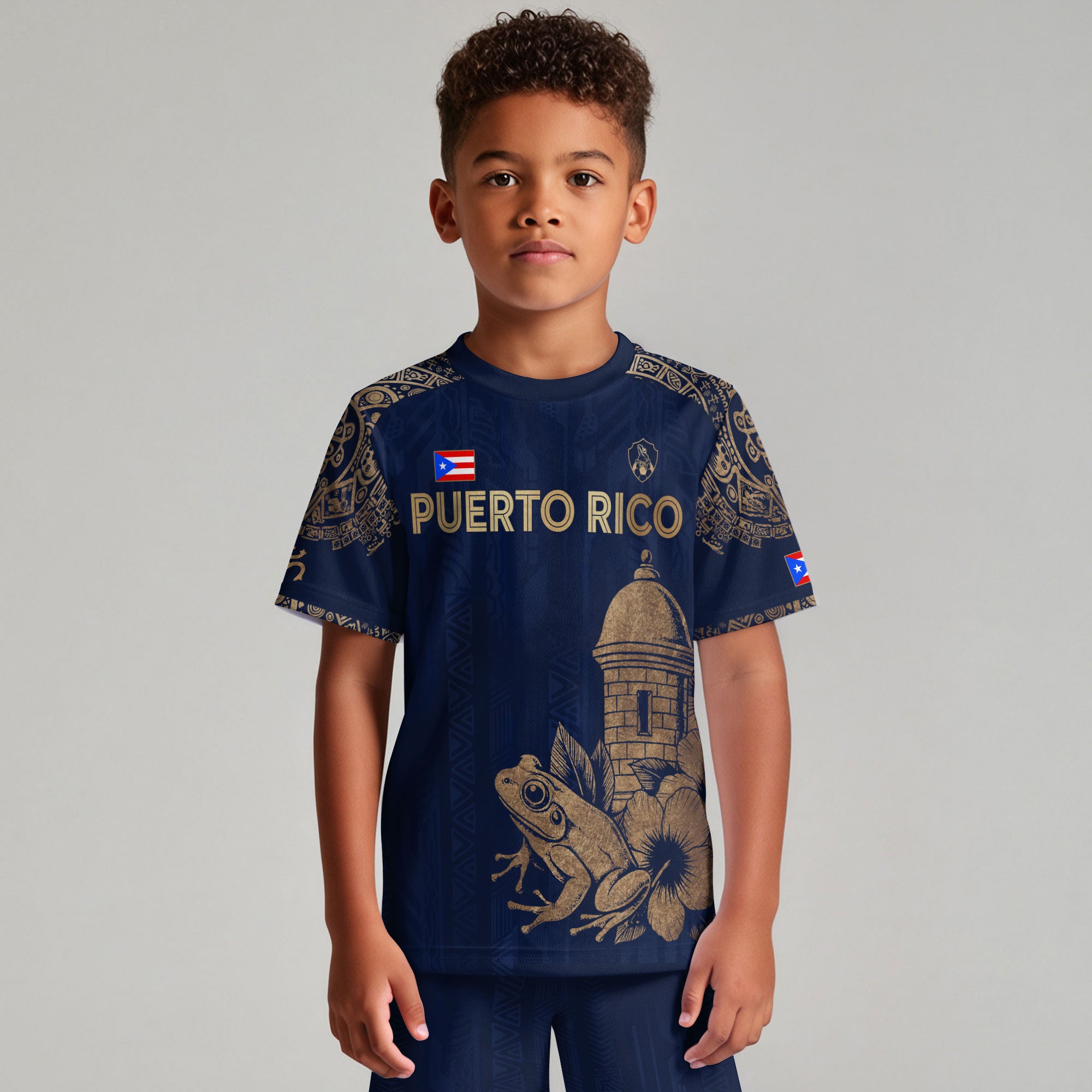 Puerto Rico Kids Youth Navy Gold Coqui Frog Garita Taino Sun Heritage Soccer Jersey